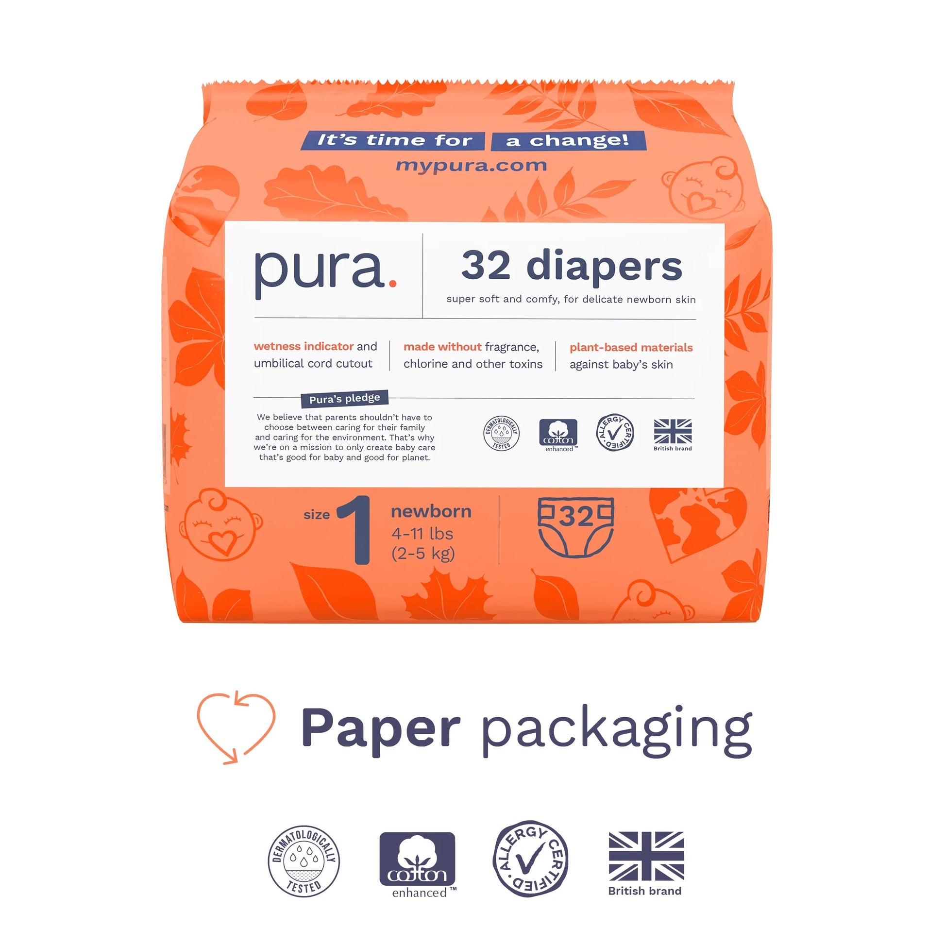 Pura Sensitive Soft Sustainable Baby Diapers Size 1, 96 Count (Choose Your Size and Count)