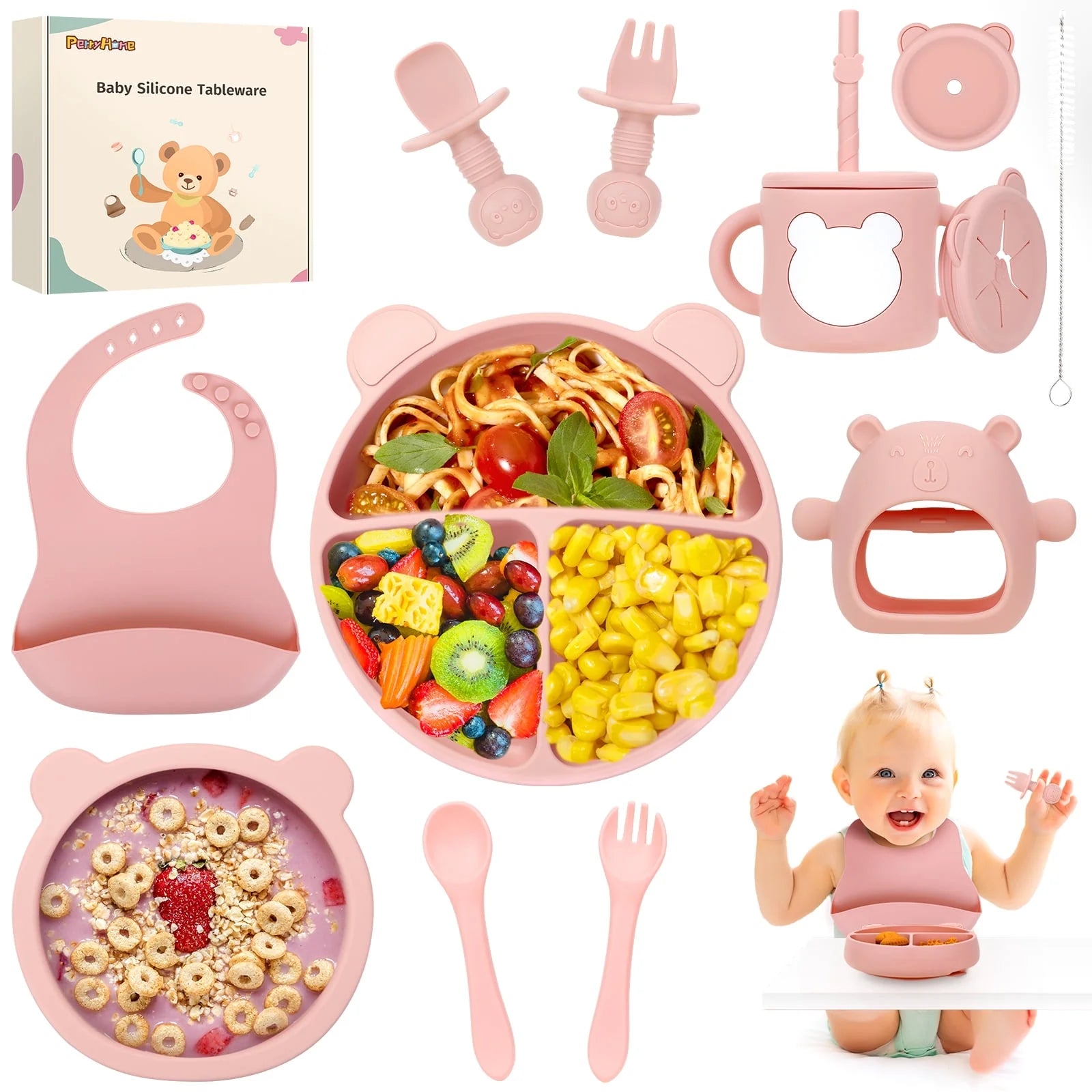 PERRYHOME Silicone Baby Feeding Set, 12Pcs Safe Baby Led Weaning Supplies for Toddlers, Baby Plates and Bowl Set, Baby Spoon and Baby Bib, Baby Feeding Essentials(Pink)