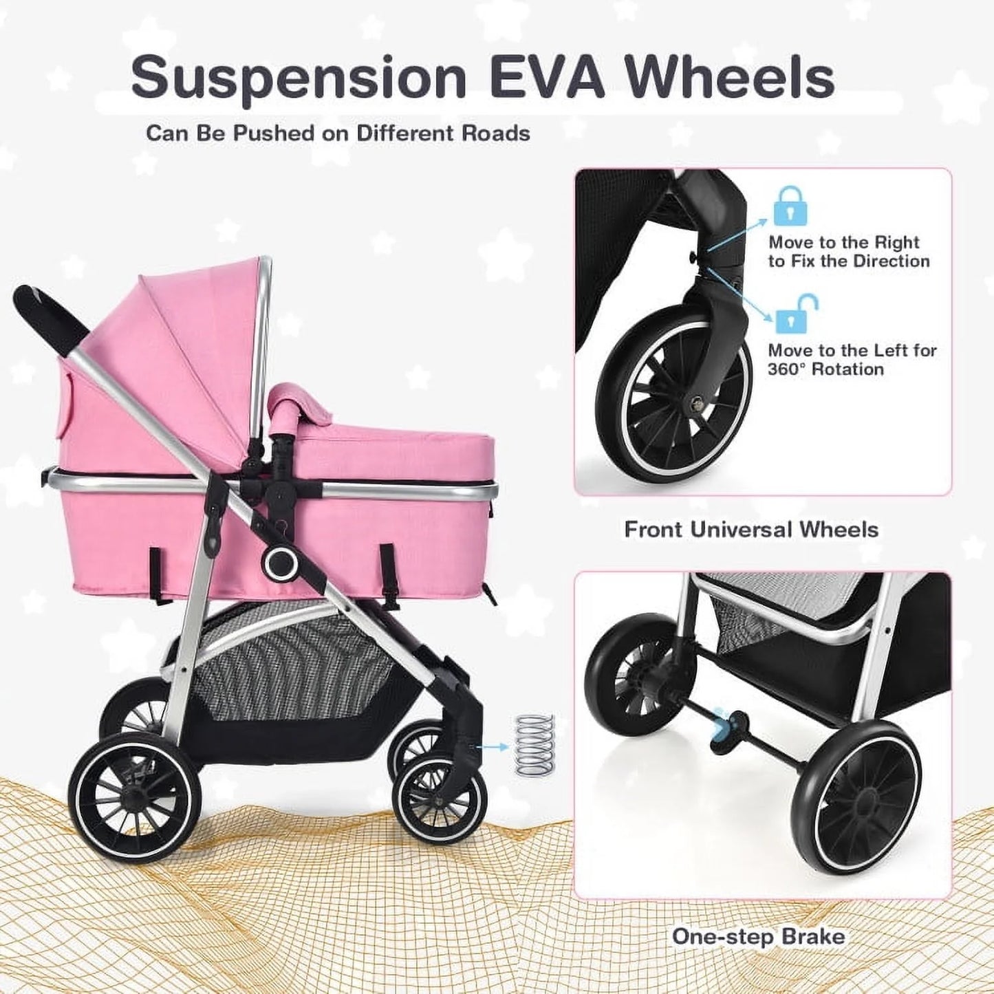 GVN 2-In-1 Convertible Baby Stroller with Reversible Seat-Pink, Summer Stroller for Infant & Toddler