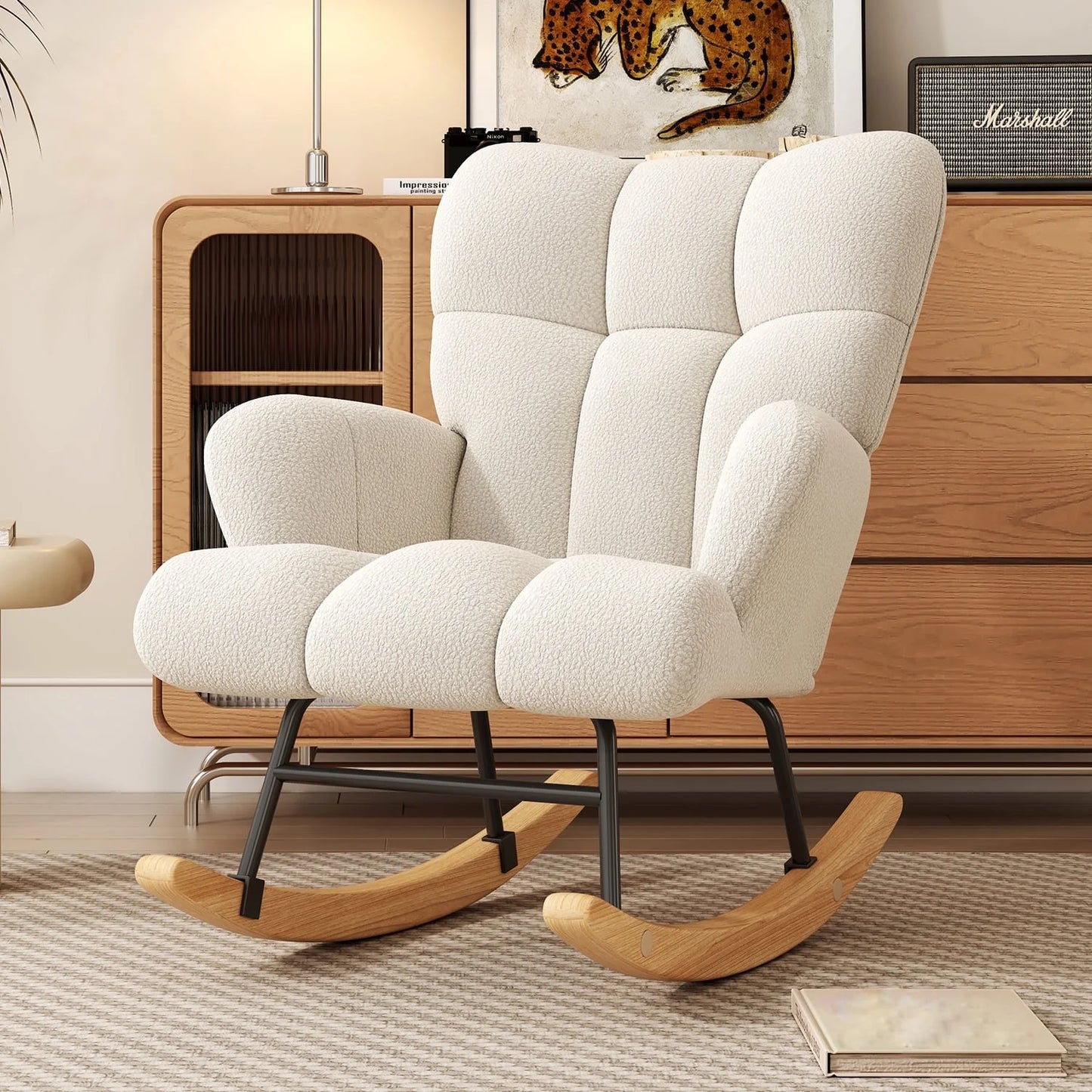 VIRRMO Glider Rocking Chair Nursery, Comfy Accent Chair Armchair with High Backrest Teddy Soft Upholstered Living Room Chairs for Reading Bedroom Living Room Home Office (Milky White)