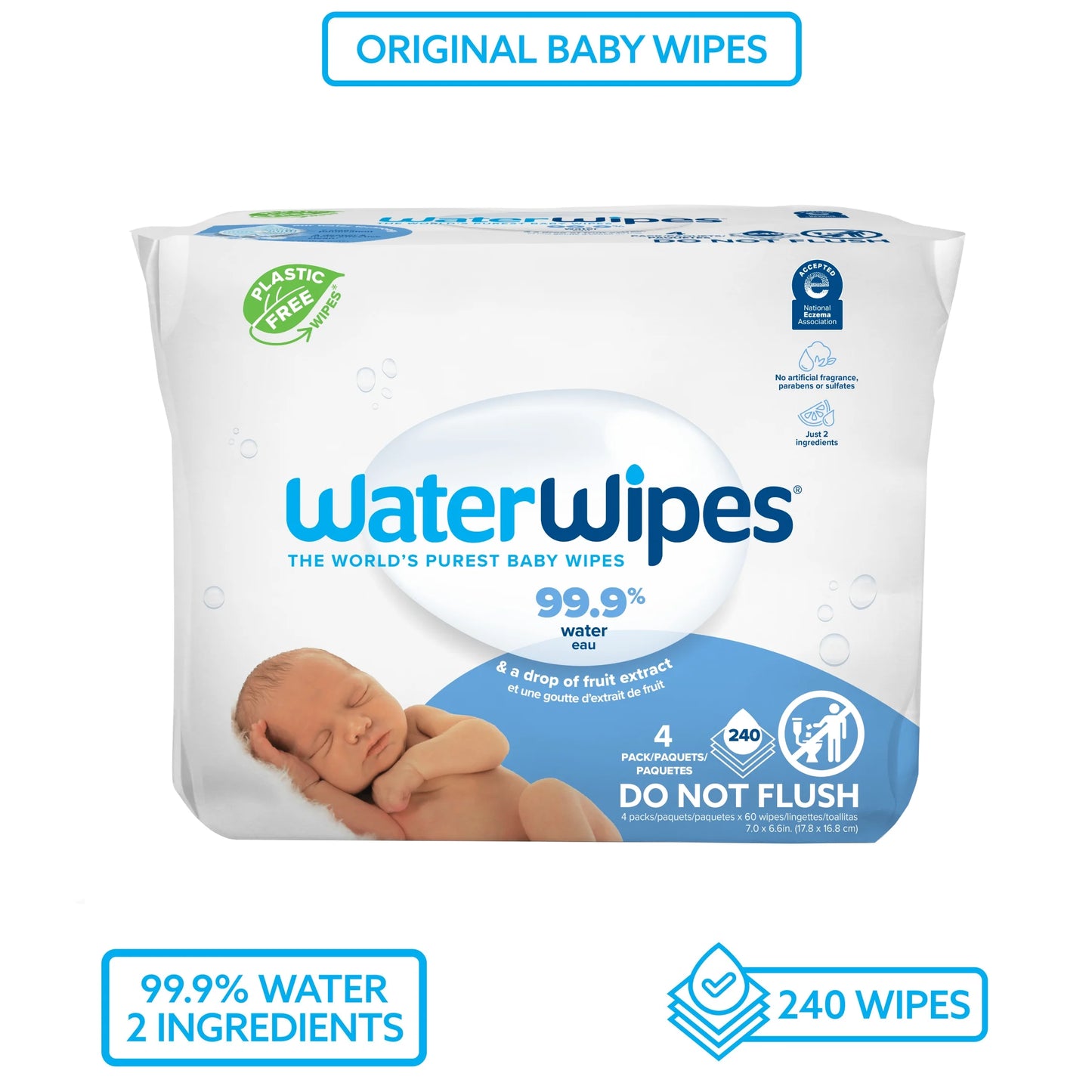 Waterwipes Original 99.9% Water Based Baby Wipes, Unscented, 9 Resealable Packs (540 Wipes) (Select for More Options)