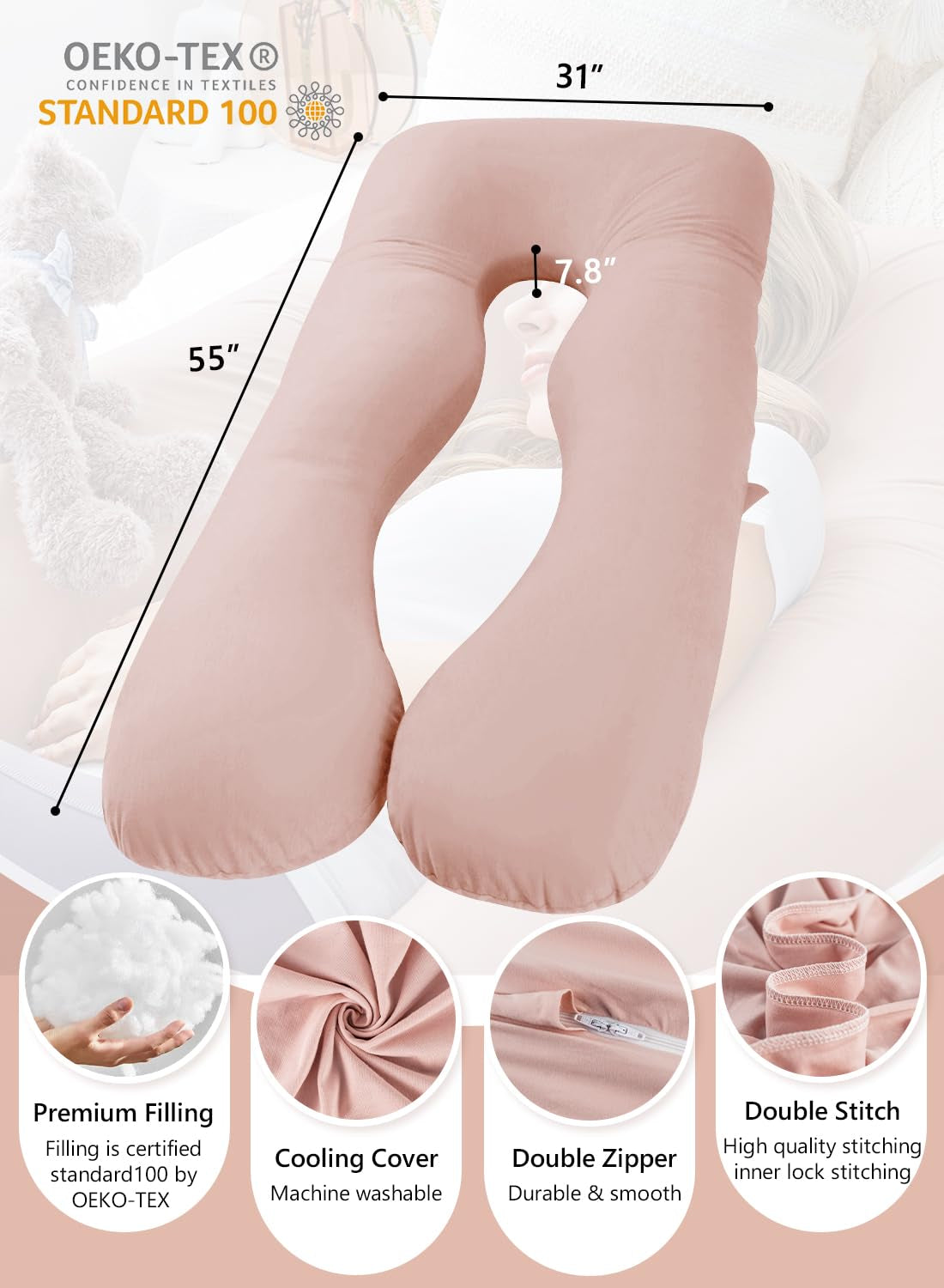 Cooling Pregnancy Pillows for Sleeping, Maternity Body Pillow for Pregnant Woman, U Shaped, with Cooling Jersey Cover