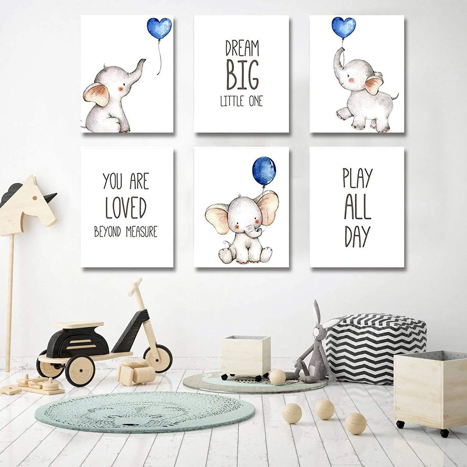 Kiddopark Elephants with Blue Balloons Nursery Wall Art 8"X10" Art Prints (Set of 6)