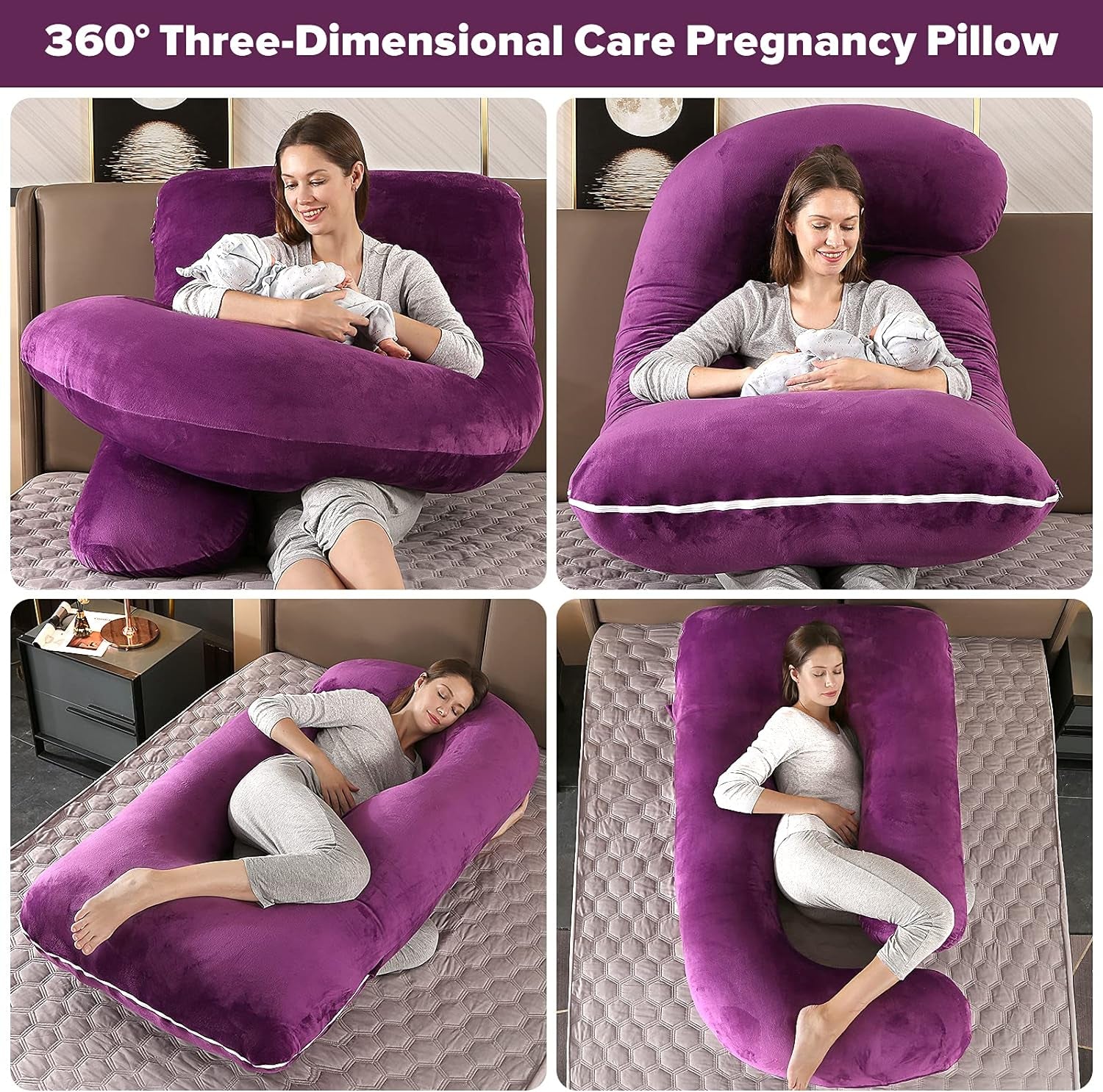 Pregnancy Pillows,U Shaped Full Body Pillow for Sleeping Support,57 Inch Maternity Pillow for Pregnant Women with Removable Cover(Velvet,Dark Purple)