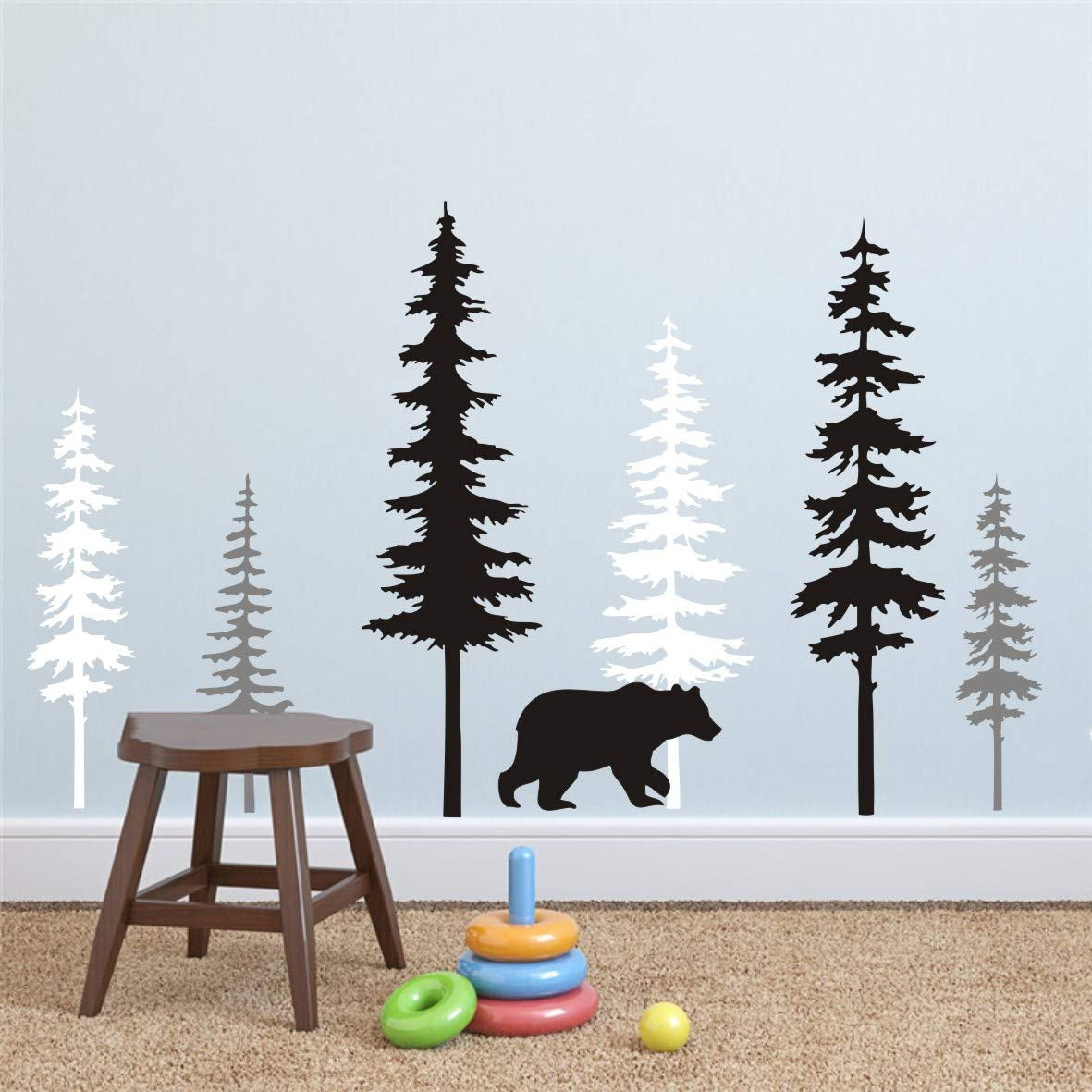 Large Forest Pine Tree with Bear Wall Decals Woodland Trees Wall Sticker for Nursery Room Art Kids Room Bedroom Decoration Forest Tree Animal Wall Mural Am10(White +Gray+Black W/Bear)