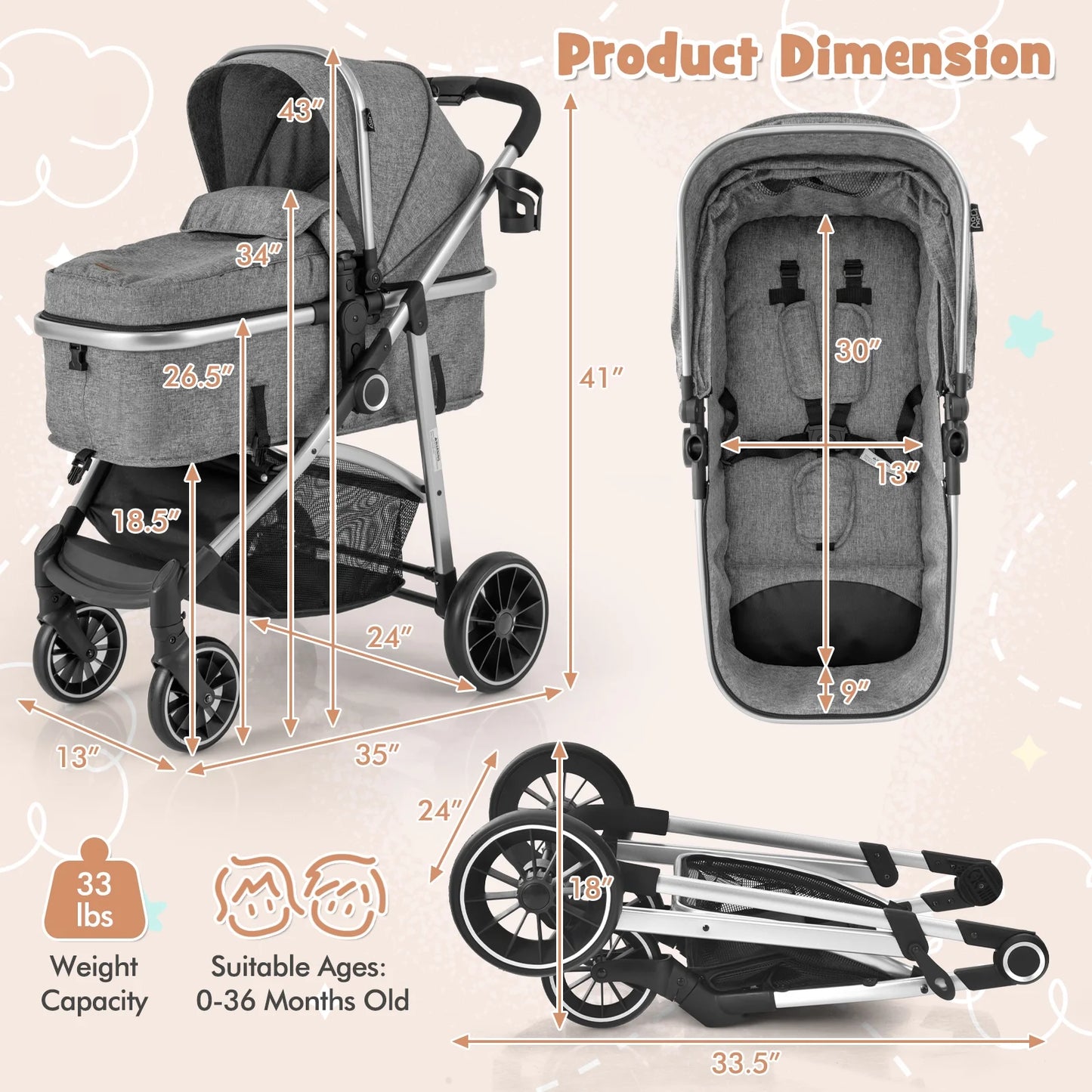 Costway 2 in 1 Convertible Baby Stroller High Landscape Infant Stroller Grey