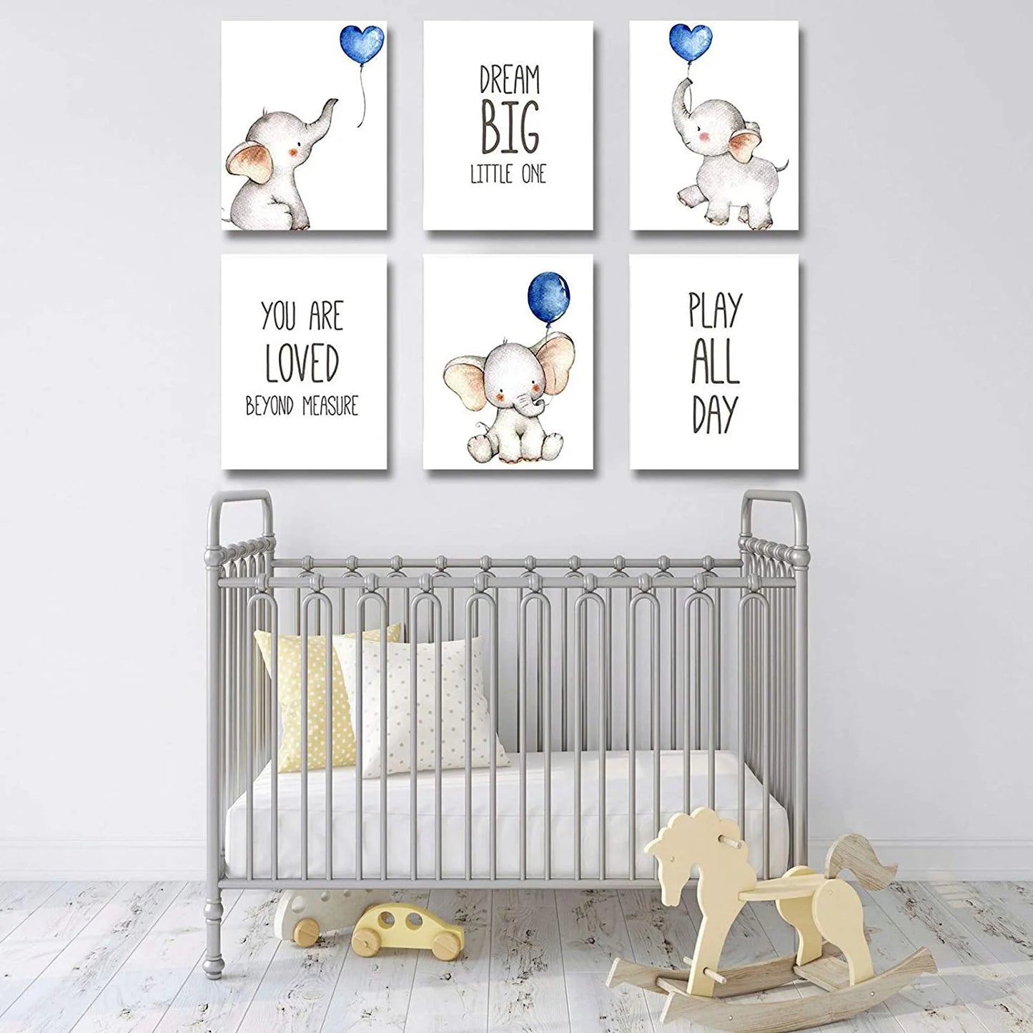 Kiddopark Elephants with Blue Balloons Nursery Wall Art 8"X10" Art Prints (Set of 6)