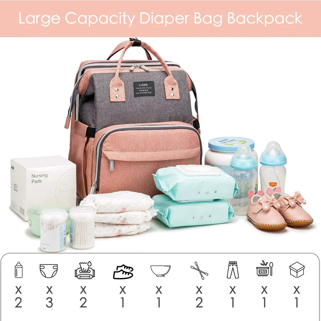 Merece Diaper Bag Backpack with Changing Station, Waterproof Multi-Functional Unisex Baby Pack & USB Charging Port with Toys-Pink