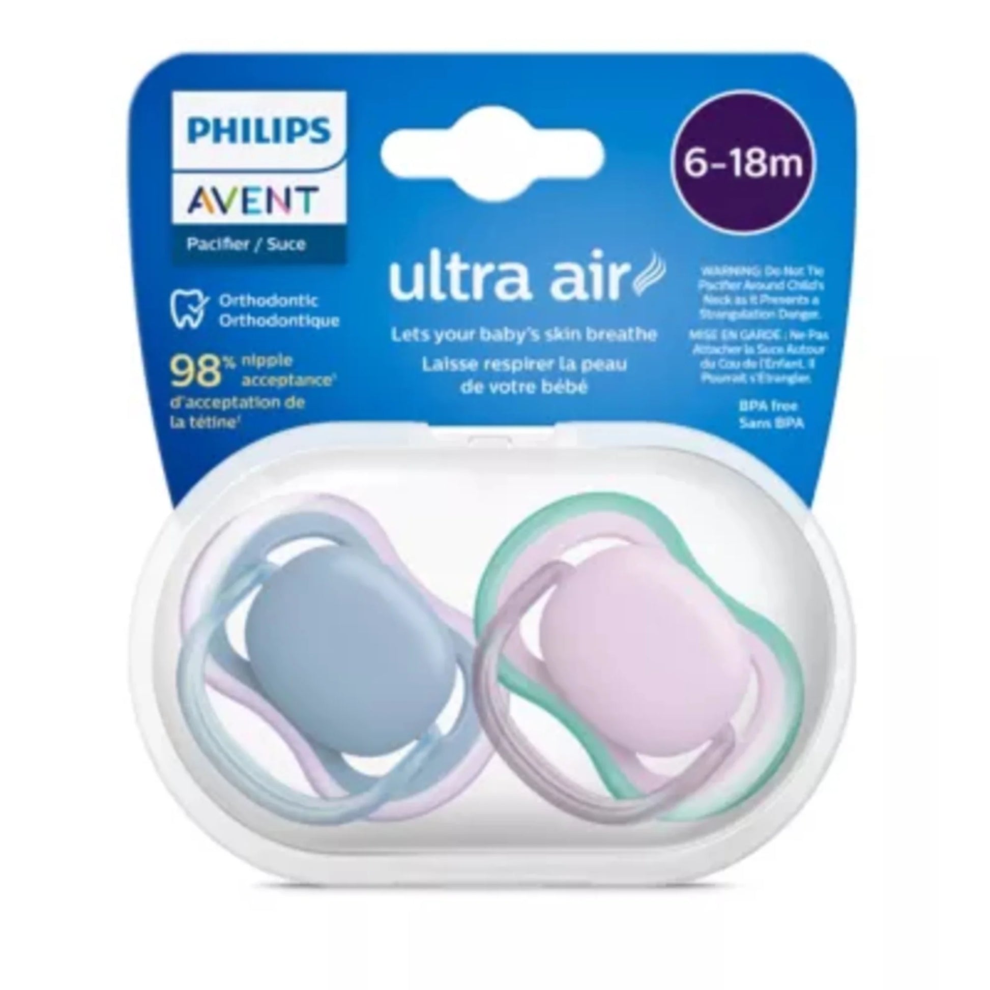 (2 Pack) Philips Avent Ultra Air Pacifier 6-18M, Blue Hush / Lush Lilac, 2 Pack, SCF085/34