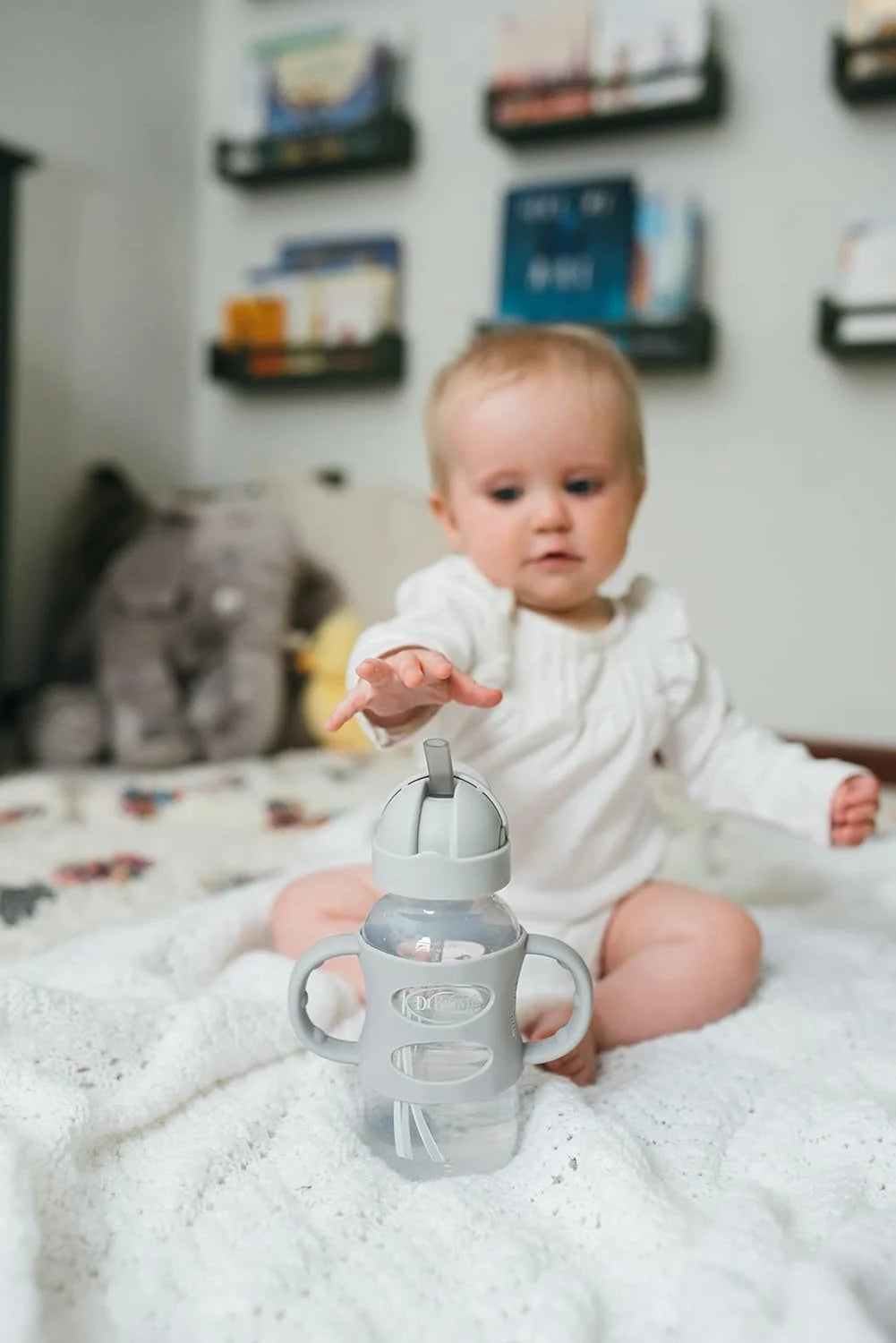 Dr. Brown'S Milestones Wide-Neck Sippy Straw Bottle, 100% Silicone Handles, 9Oz/270Ml, 6M+, Gray