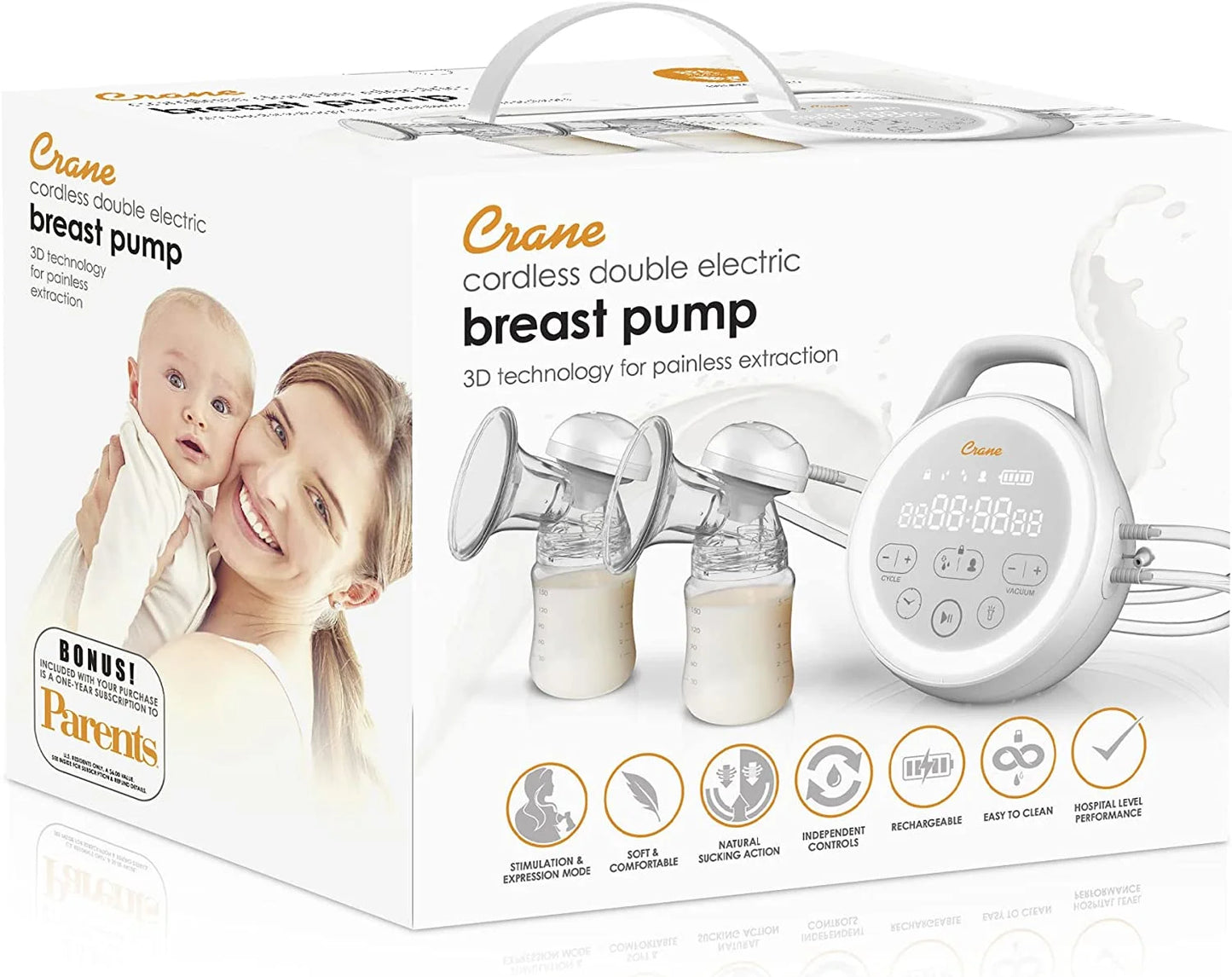 Crane USA Premier Hospital Grade Double Electric Cordless Breast Pump, Portable. Overflow Protection