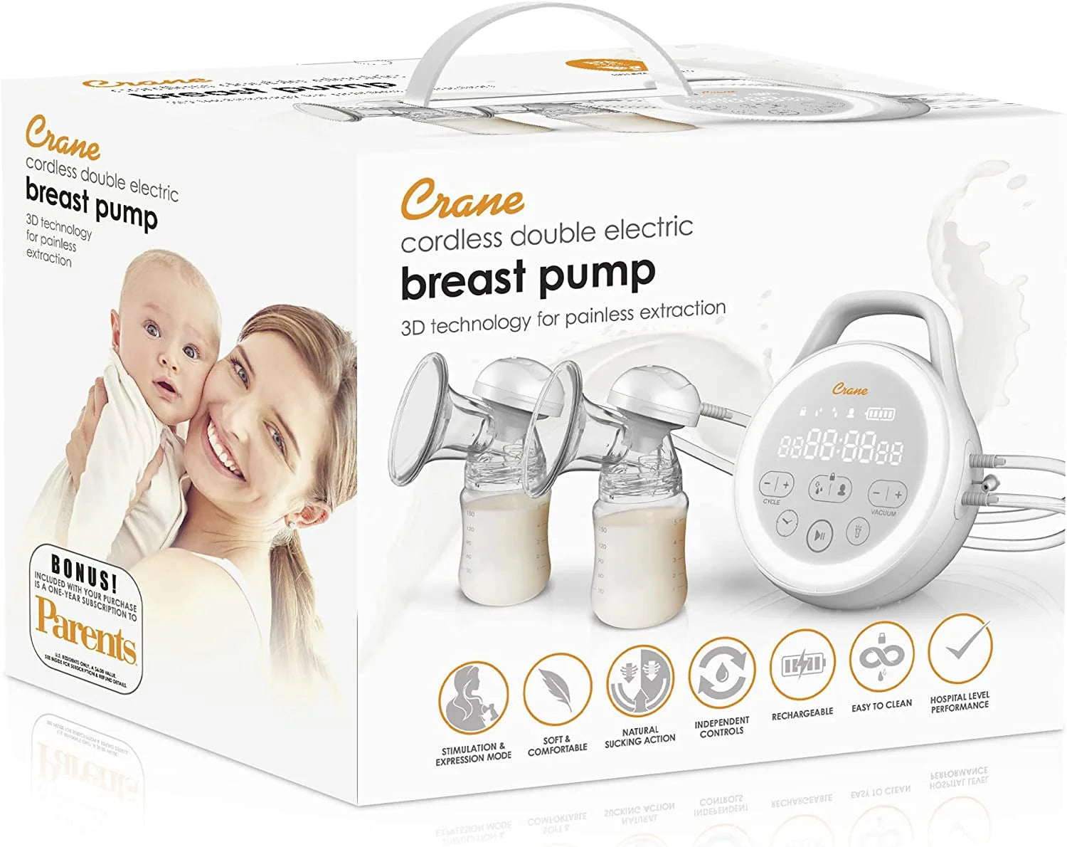 Crane USA Premier Hospital Grade Double Electric Cordless Breast Pump, Portable. Overflow Protection