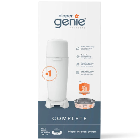 Diaper Genie Complete Pail, White, Includes 1 Diaper Pail, 1 round Refill-270 Ct