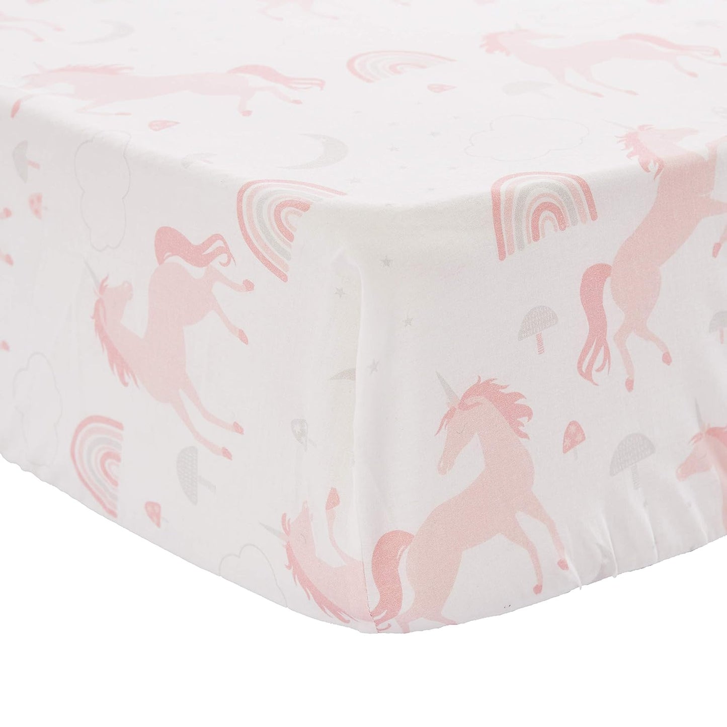 - Colette Unicorn Crib Fitted Sheet - Fits Standard Crib and Toddler Mattress - Tossed Unicorns, Rainbows, Mushrooms - Pink and Grey - Nursery Accessories - 100% Cotton