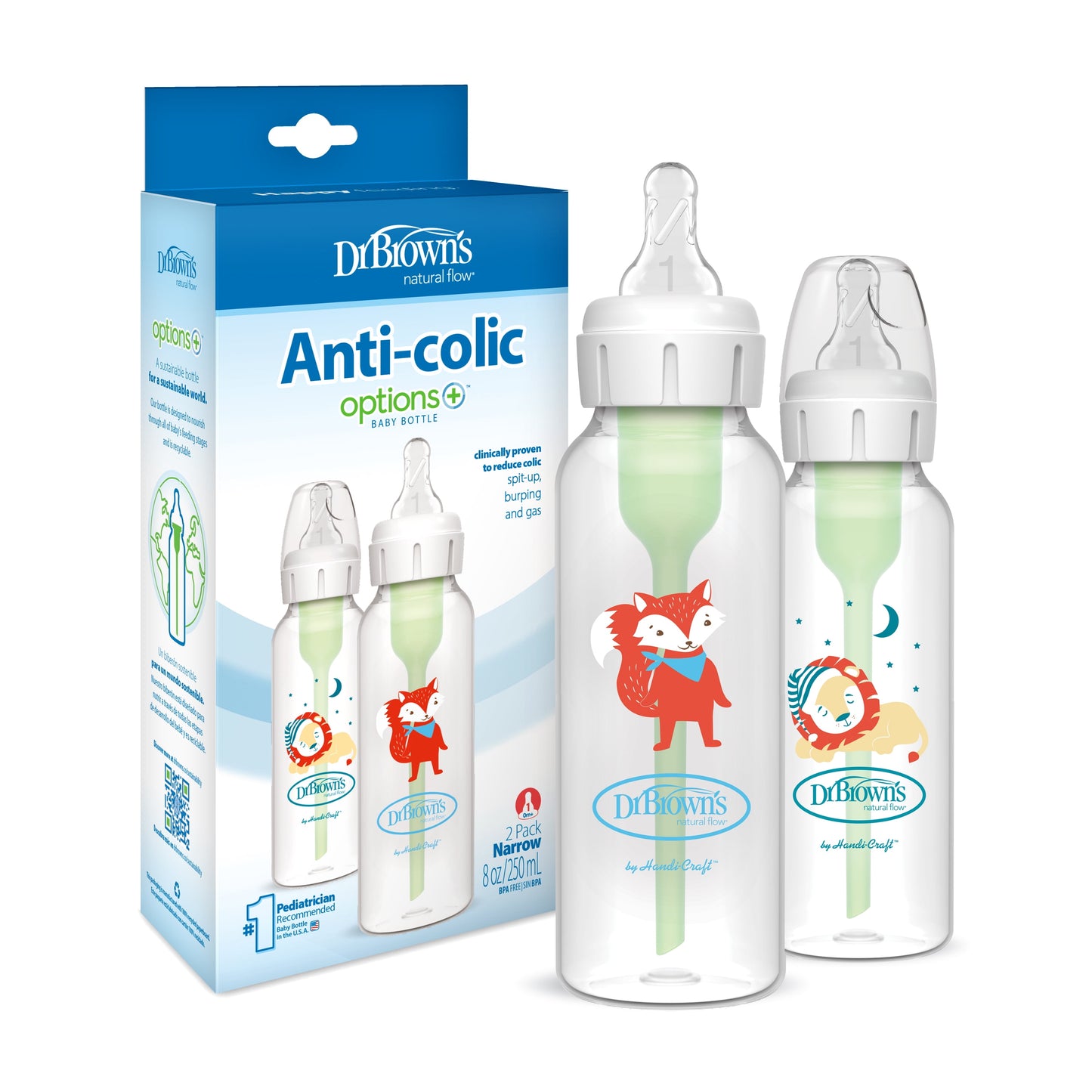 Dr. Brown'S Natural Flow Anti-Colic Options+ Narrow Baby Bottle, Fox/Lion, 8 Oz, 0M+, 2 Pack