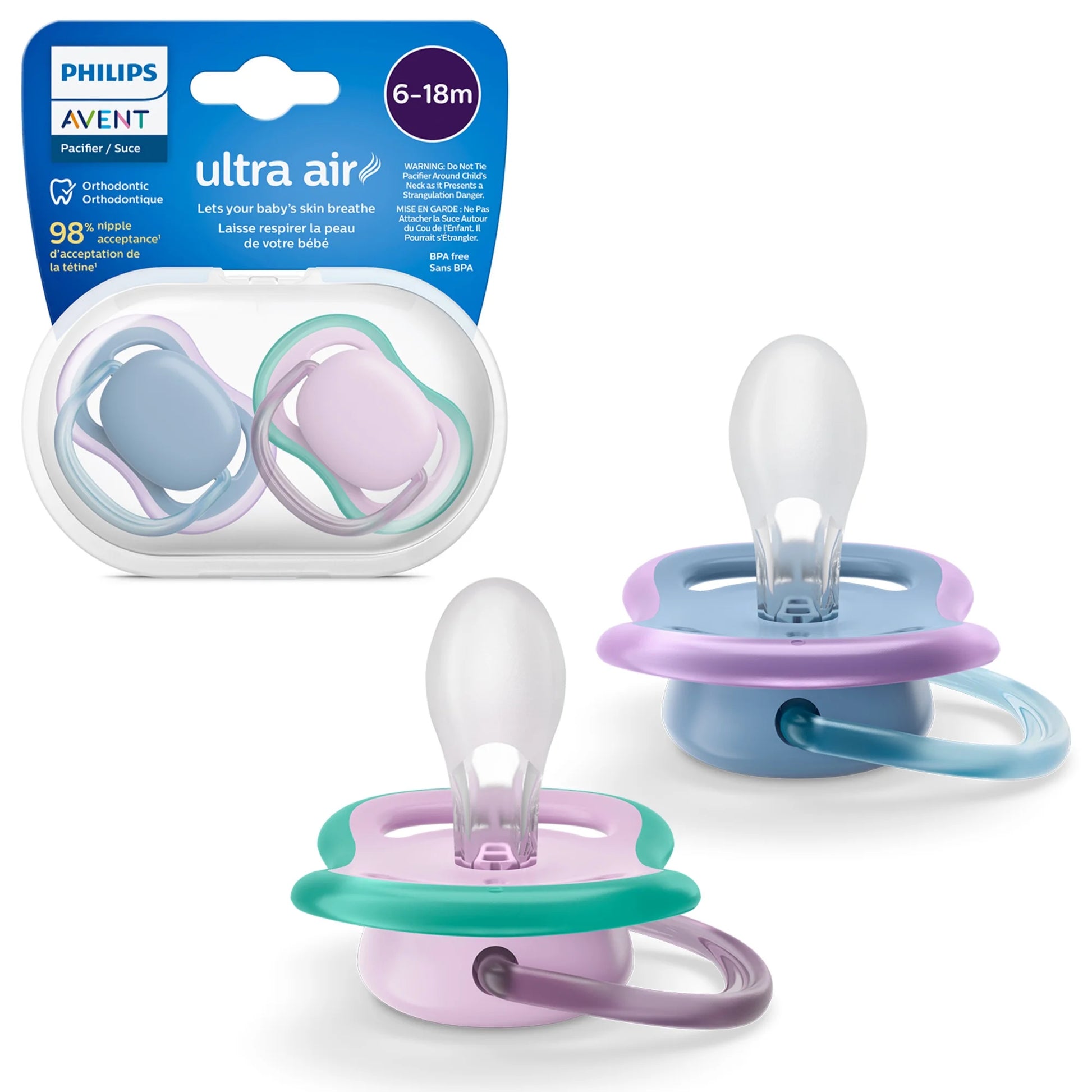 (2 Pack) Philips Avent Ultra Air Pacifier 6-18M, Blue Hush / Lush Lilac, 2 Pack, SCF085/34