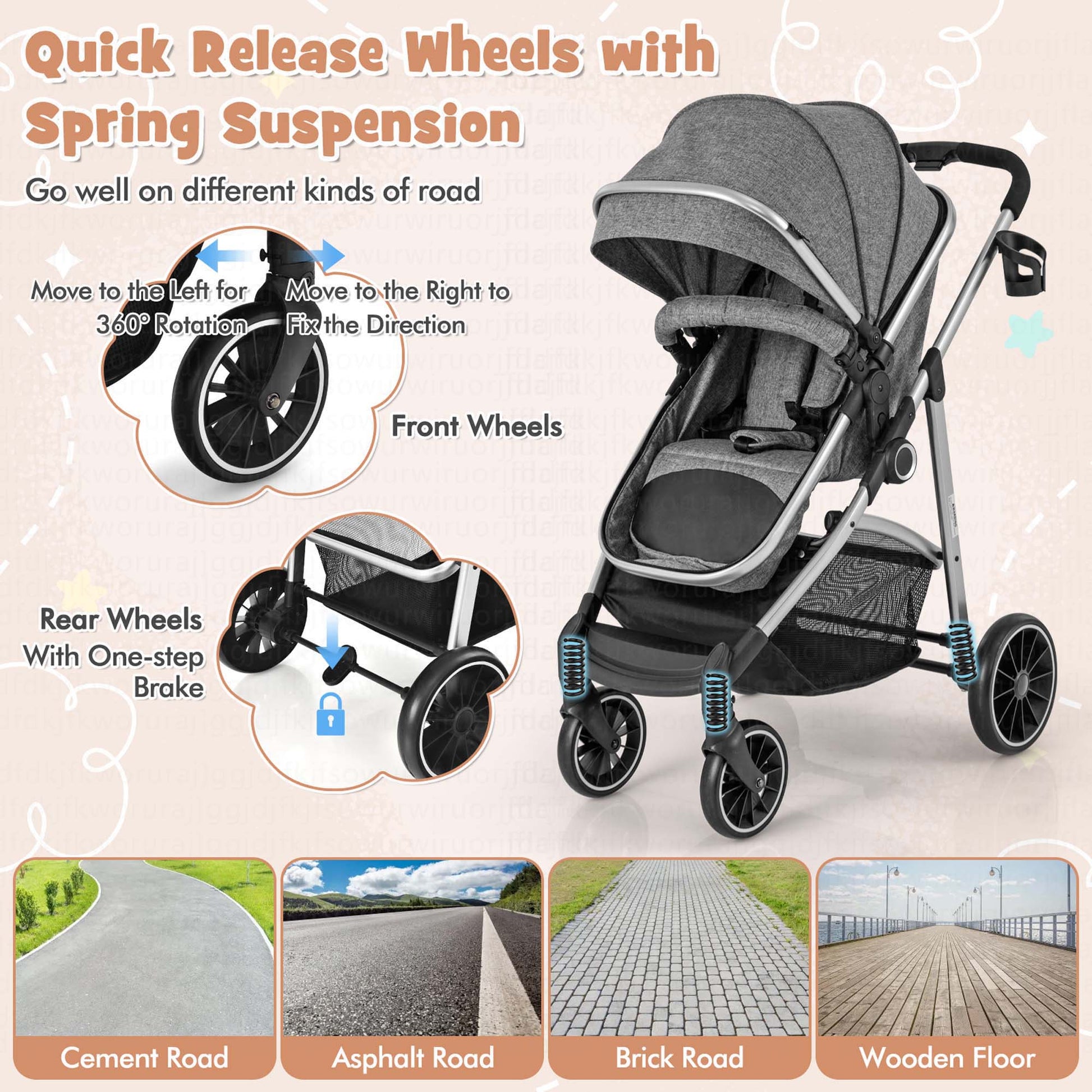 Costway 2 in 1 Convertible Baby Stroller High Landscape Infant Stroller Grey