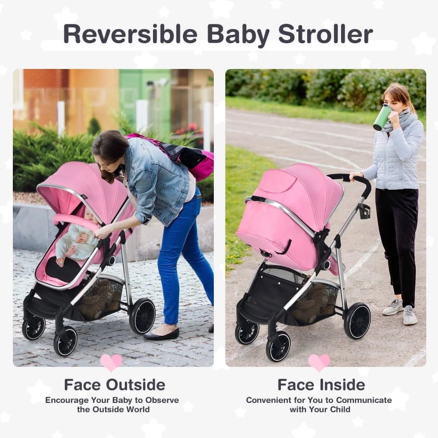 GVN 2-In-1 Convertible Baby Stroller with Reversible Seat-Pink, Summer Stroller for Infant & Toddler