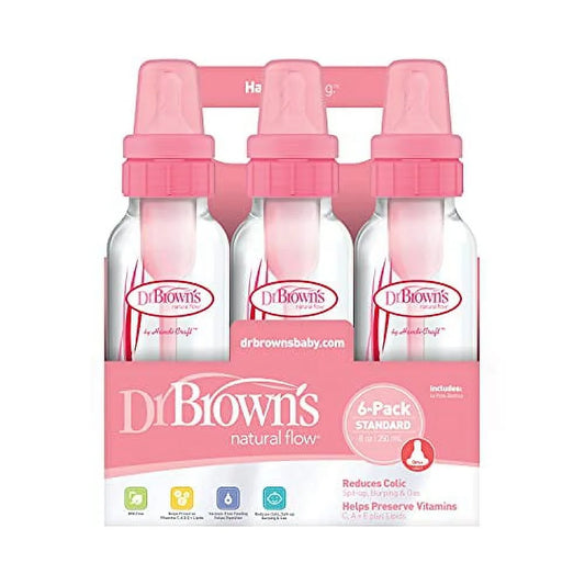 Dr. Brown'S Natural Flow Original Baby Bottle, Pink, 8 Oz, 6 Count