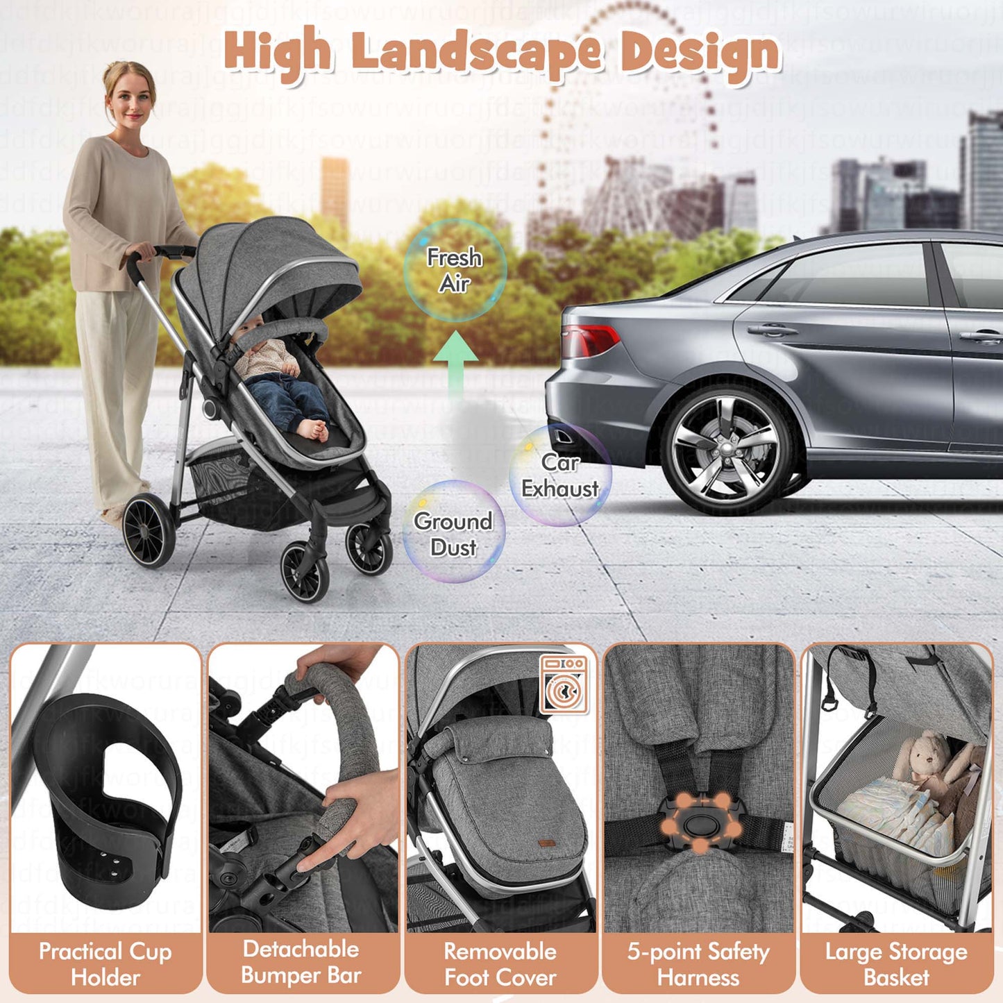 Costway 2 in 1 Convertible Baby Stroller High Landscape Infant Stroller Grey