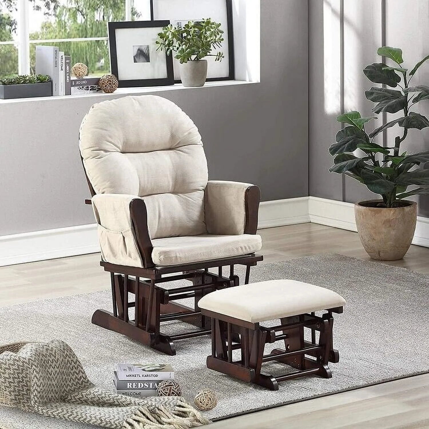 Brisbane Nursery Glider & Ottoman Sets, Glider Recliner Nursery Rocking Chair, Nursery Glider Rocker with Ottoman, Reclining Gliders & Chairs for Breastfeeding, Reading, Napping - Espresso/Cream