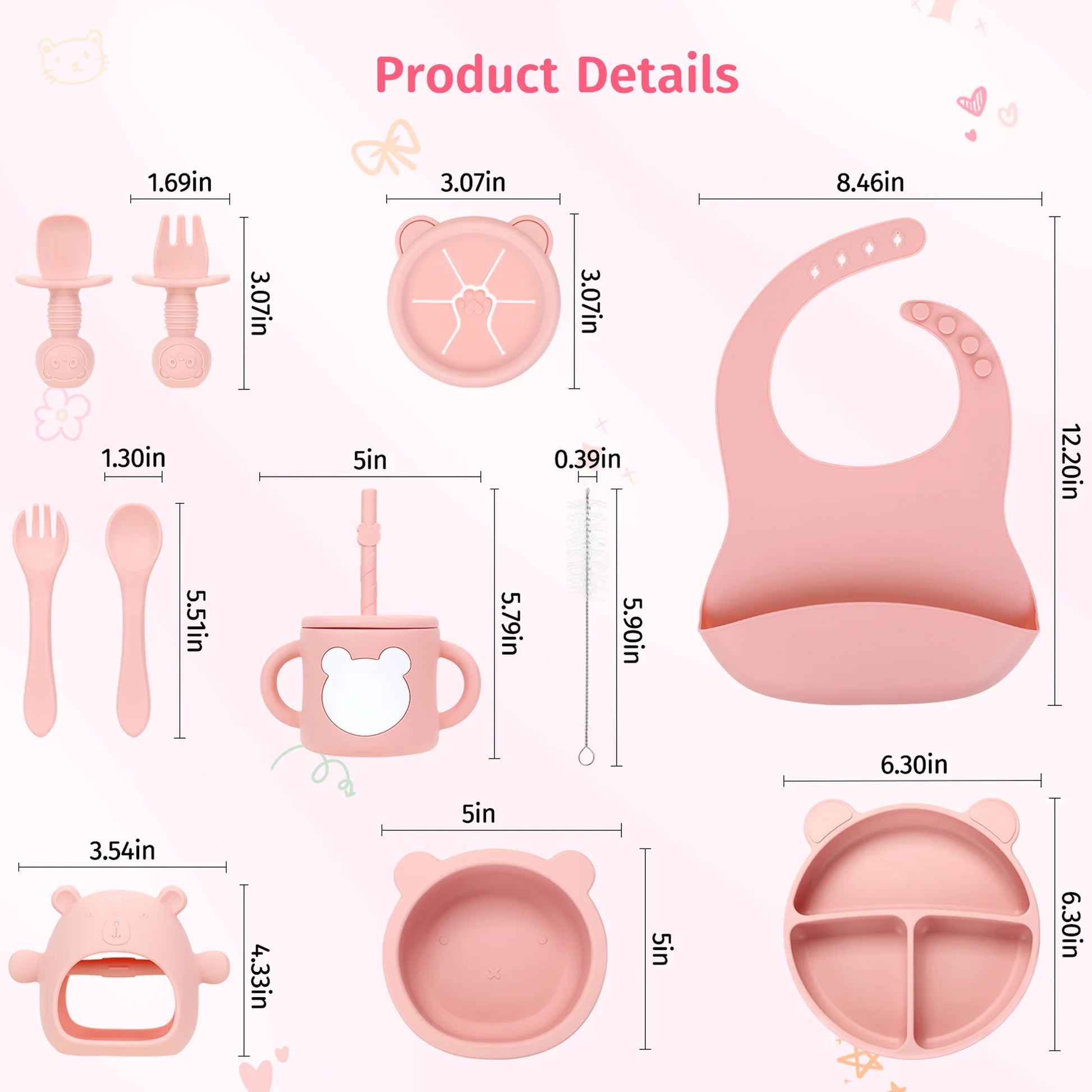 PERRYHOME Silicone Baby Feeding Set, 12Pcs Safe Baby Led Weaning Supplies for Toddlers, Baby Plates and Bowl Set, Baby Spoon and Baby Bib, Baby Feeding Essentials(Pink)