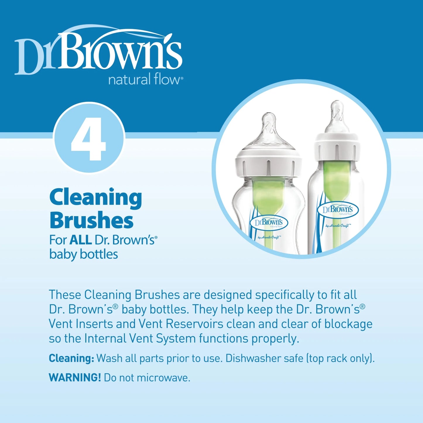 Dr. Brown'S Natural Flow Reusable Baby Bottle Vent & Reservoir Cleaning Bristle Brush, Blue, 4 Pack