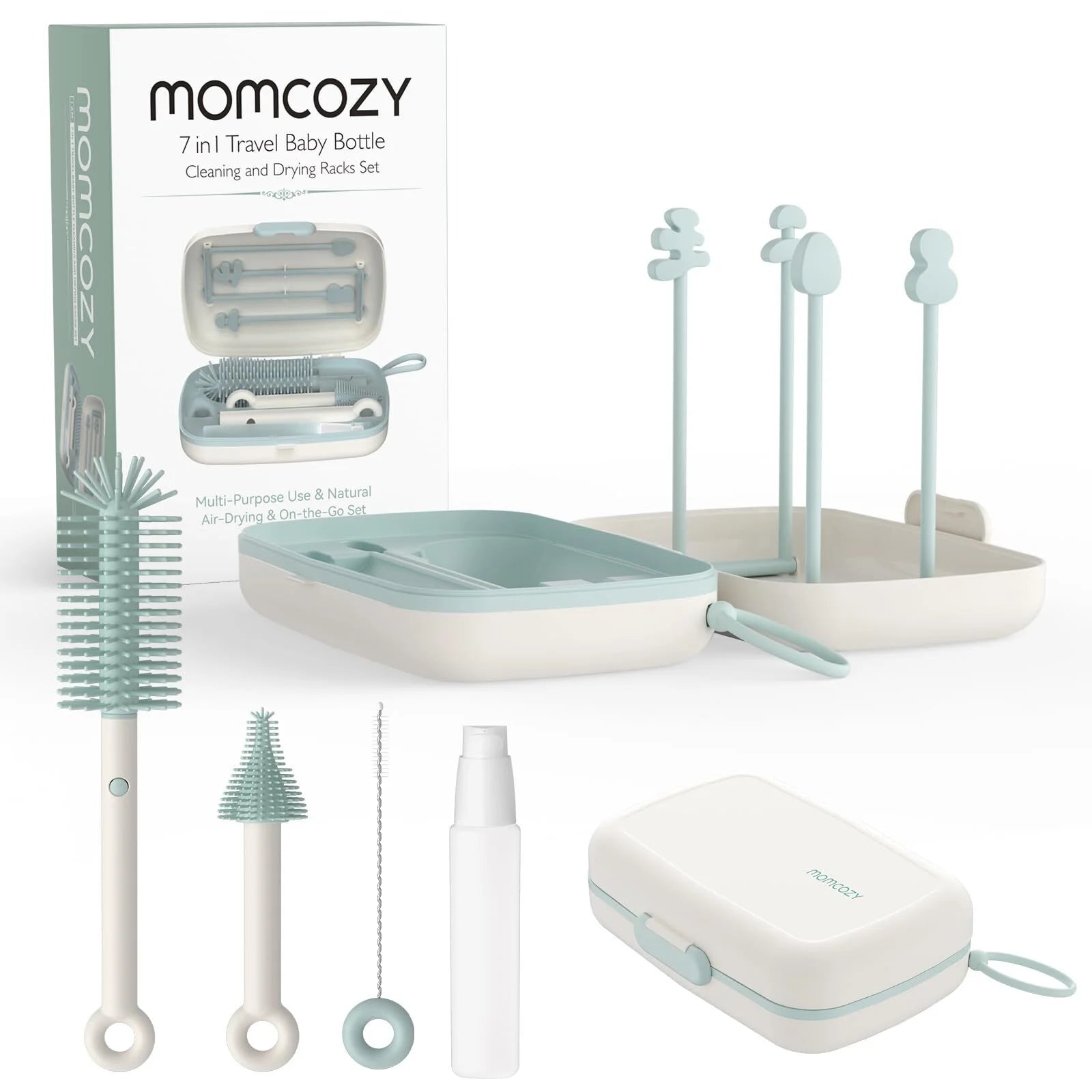 Momcozy Portable Bottle Brush Set - Baby Bottle Cleaner Kit with Silicone Brush, Drying Rack - 6 in 1 Bottle Cleaning Tool for Home and Travel