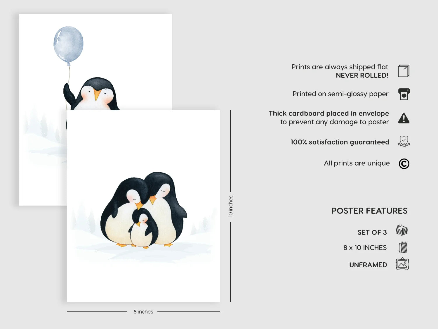 Nistio® Baby Penguin Nursery Wall Prints, Play Room Decoration, Nursery Wall Art, Nursery Room Decor, Penguin Family Print Set, Unframed, Set of 3 Prints, 8X10"