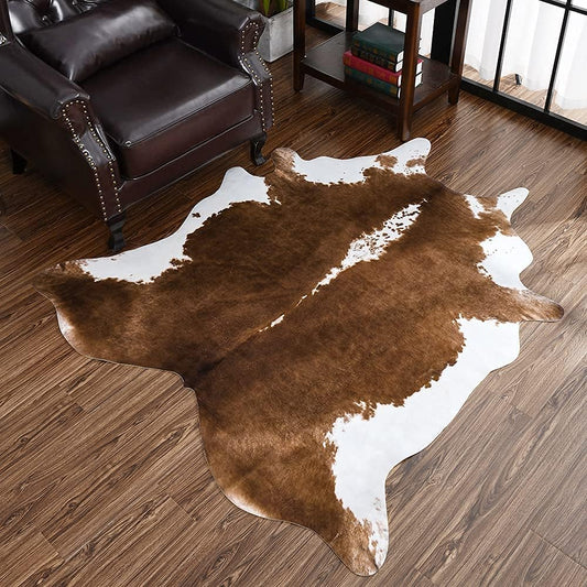 Cowhide Rug, Cute Cow Print Rug for Living Room Faux Cow Hide Animal Print Carpet for Bedroom Office Table, 4.6 X 5.2 Feet, Khaki Brown