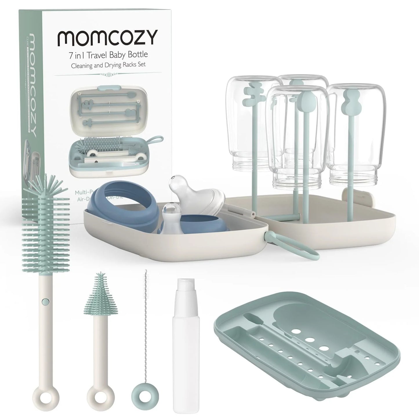 Momcozy Portable Bottle Brush Set - Baby Bottle Cleaner Kit with Silicone Brush, Drying Rack - 6 in 1 Bottle Cleaning Tool for Home and Travel