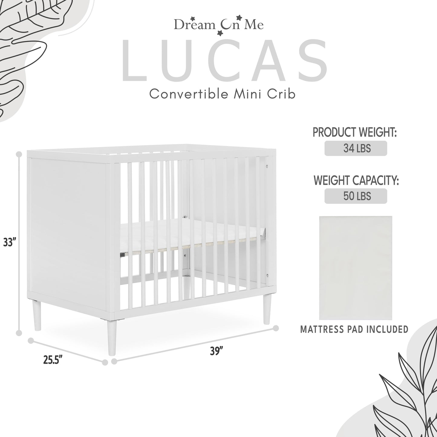 Dream on Me Lucas Mini Modern Crib with Rounded Spindles, White