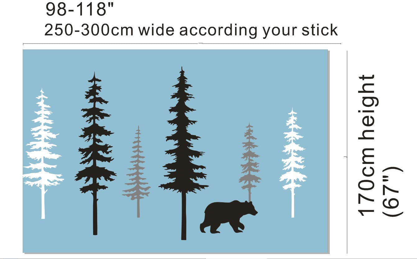 Large Forest Pine Tree with Bear Wall Decals Woodland Trees Wall Sticker for Nursery Room Art Kids Room Bedroom Decoration Forest Tree Animal Wall Mural Am10(White +Gray+Black W/Bear)