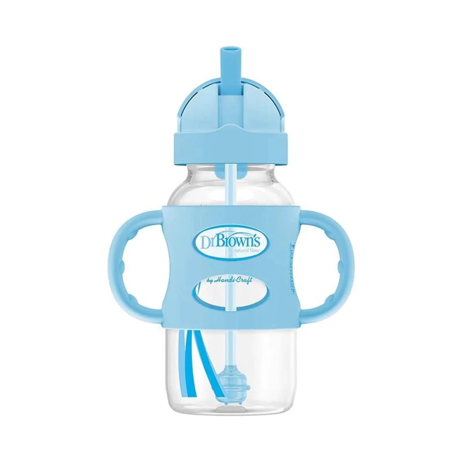 Dr. Brown'S Milestones Wide-Neck Sippy Straw Bottle, 100% Silicone Handles, 9Oz/270Ml, 6M+, Blue