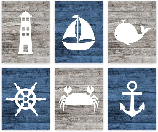 Koyal Wholesale Nautical Theme Nursery Hanging Wall Art, Rustic Distressed Blue Wood, Anchor, Lighthouse, Whale