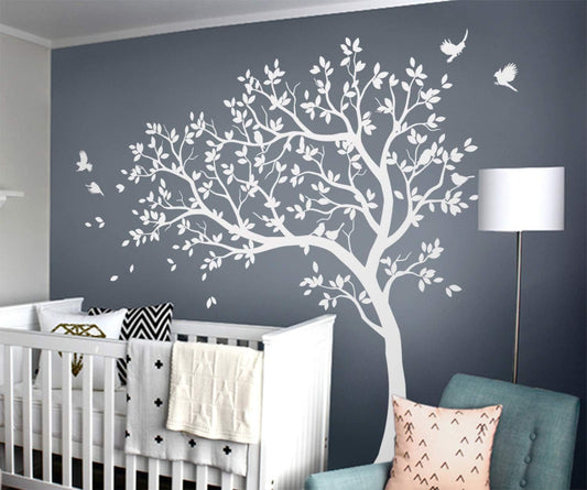 Large Tree Wall Decals Nursery Tree Stickers with Birds Stunning Tree Wall Art Mural Vinyl Wall Decor KW032 (Leaning Left, White)