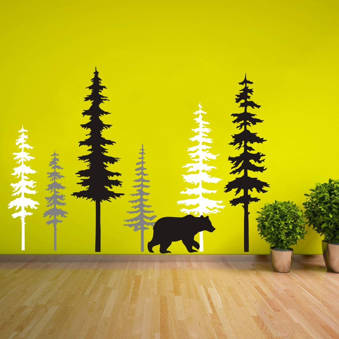 Large Forest Pine Tree with Bear Wall Decals Woodland Trees Wall Sticker for Nursery Room Art Kids Room Bedroom Decoration Forest Tree Animal Wall Mural Am10(White +Gray+Black W/Bear)