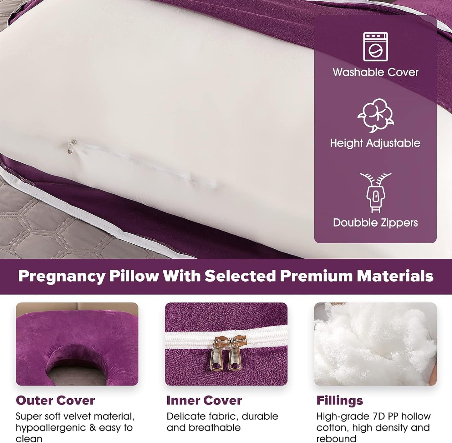 Pregnancy Pillows,U Shaped Full Body Pillow for Sleeping Support,57 Inch Maternity Pillow for Pregnant Women with Removable Cover(Velvet,Dark Purple)