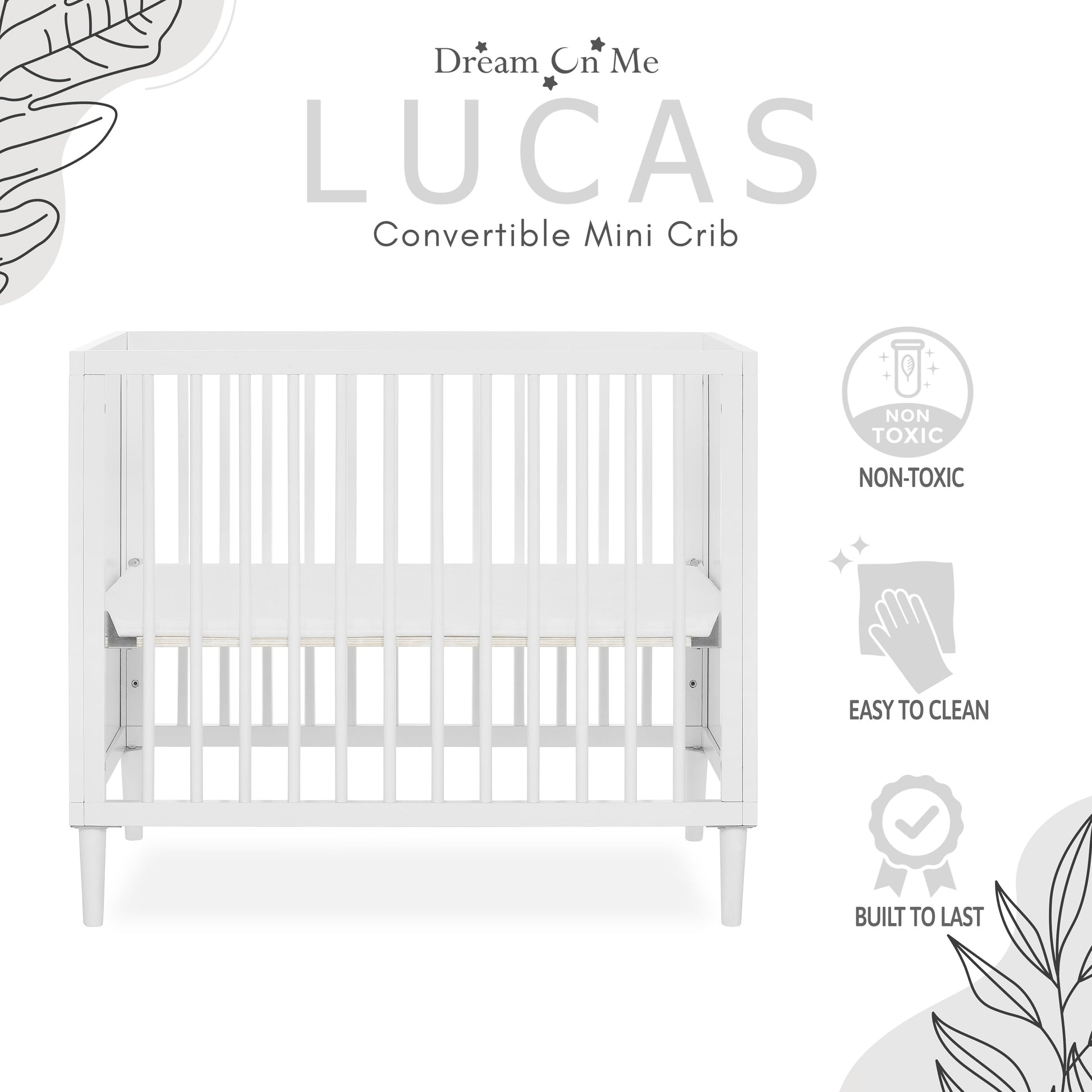 Dream on Me Lucas Mini Modern Crib with Rounded Spindles, White