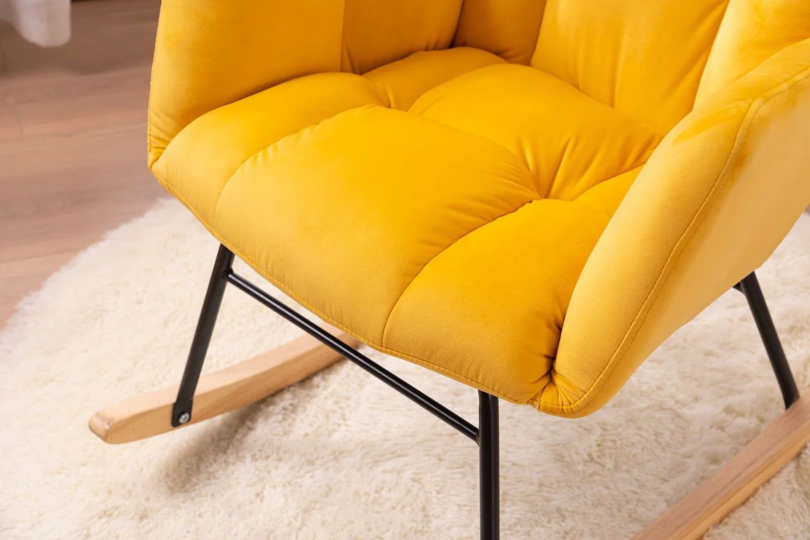 Rocking Chair Nursery Velvet Tufted Upholstered Rocking Chair, Mid-Century Modern Nursery Rocking Armchair, Glider Chair for Nursery, Living Room, Bedroom, Yellow