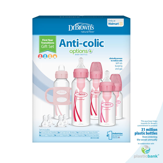 Dr. Brown'S Natural Flow Anti-Colic Options+ First Year Baby Bottle Gift Set, Pink, BPA Free, 0M+