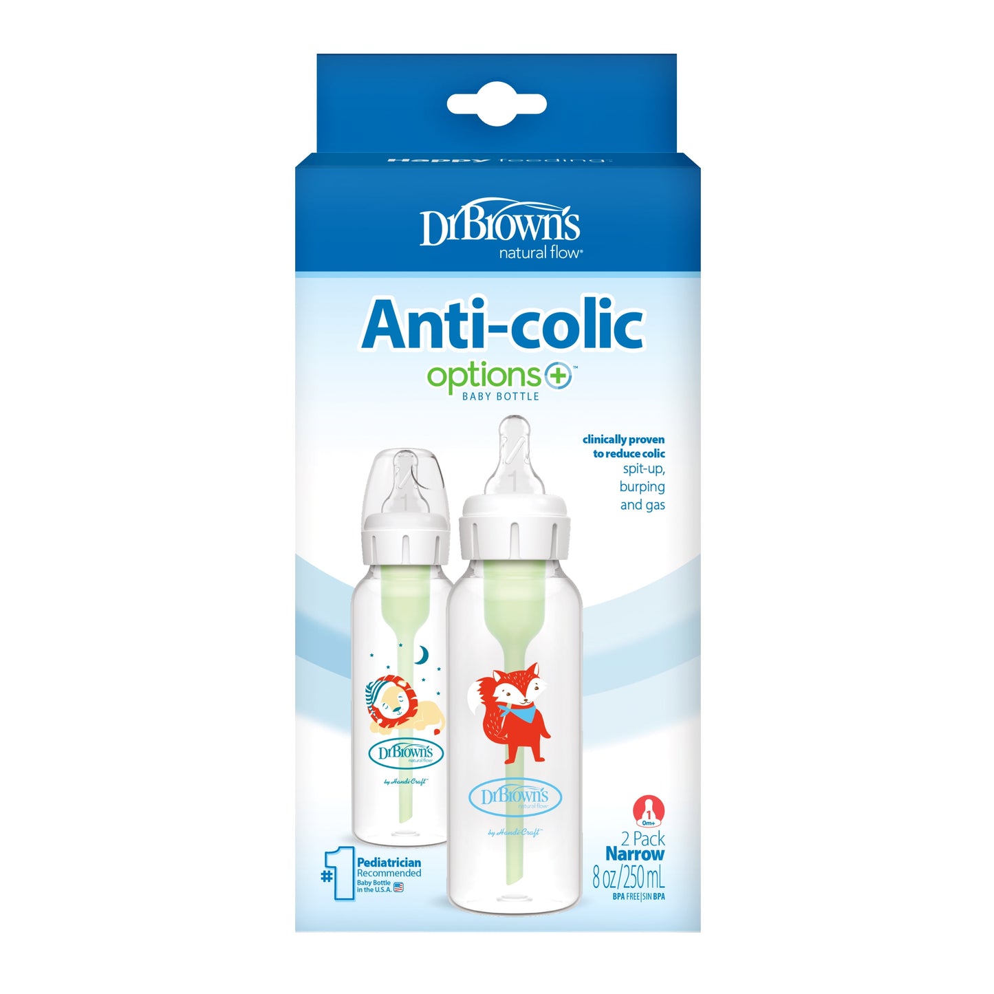 Dr. Brown'S Natural Flow Anti-Colic Options+ Narrow Baby Bottle, Fox/Lion, 8 Oz, 0M+, 2 Pack