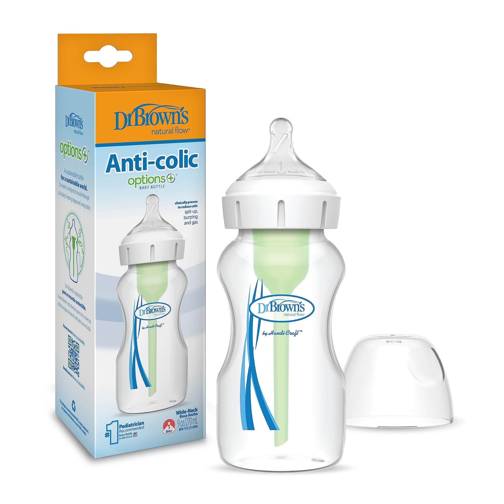 Dr. Brown'S Natural Flow Anti-Colic Options+Wide-Neck Baby Bottle,9 Oz/270 Ml,Level 1 Nipple,1-Pack,0M+ C27