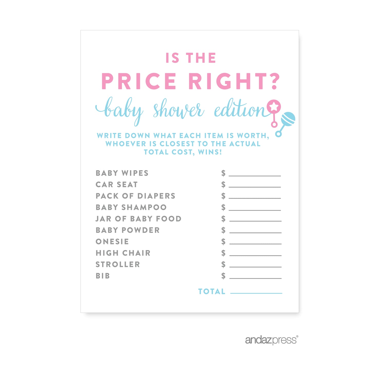 Is the Price Right? Team Pink/Blue Gender Reveal Baby Shower Games, 20-Pack