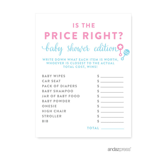 Is the Price Right? Team Pink/Blue Gender Reveal Baby Shower Games, 20-Pack