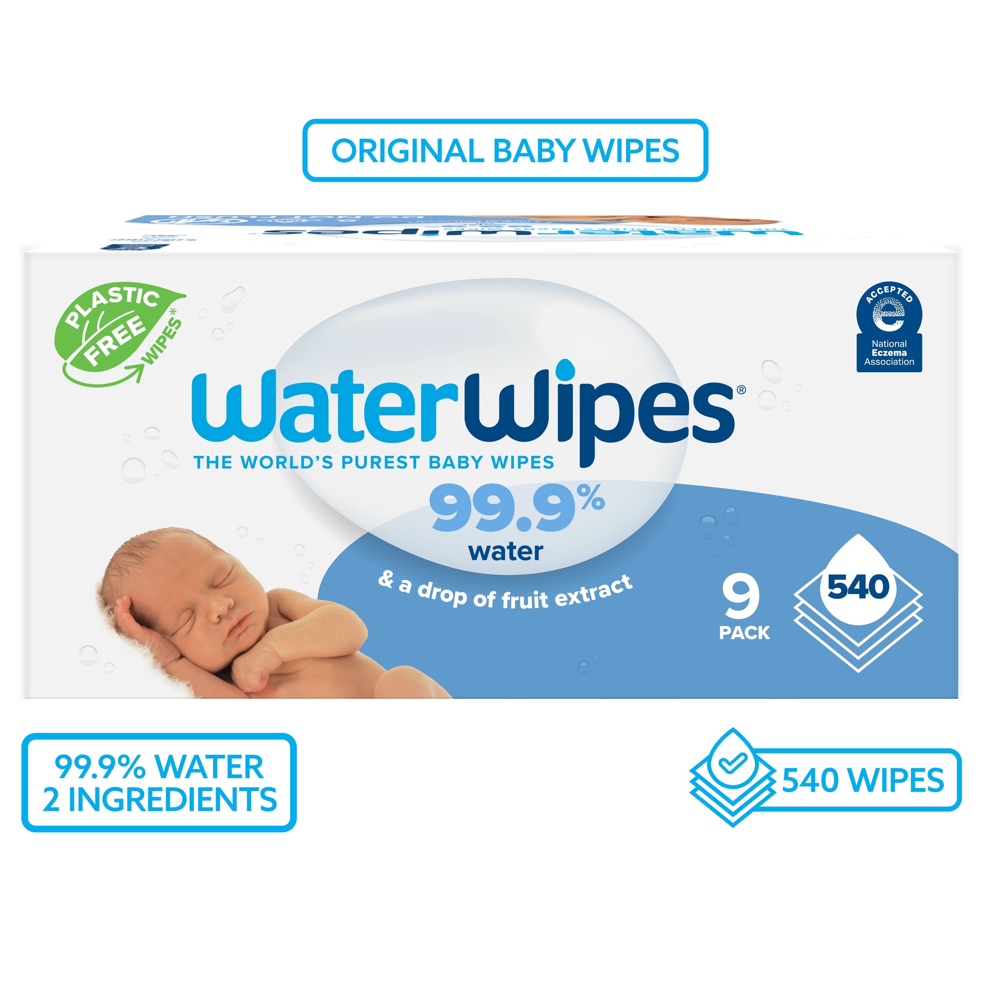 Waterwipes Original 99.9% Water Based Baby Wipes, Unscented, 9 Resealable Packs (540 Wipes) (Select for More Options)