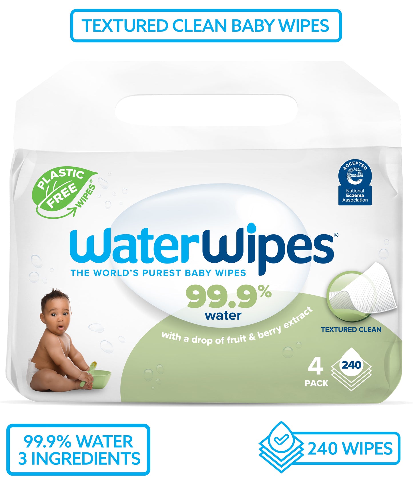 Waterwipes Textured Clean 99.9% Water Based Toddler & Baby Wipes, 9 Resealable Packs (540 Wipes)