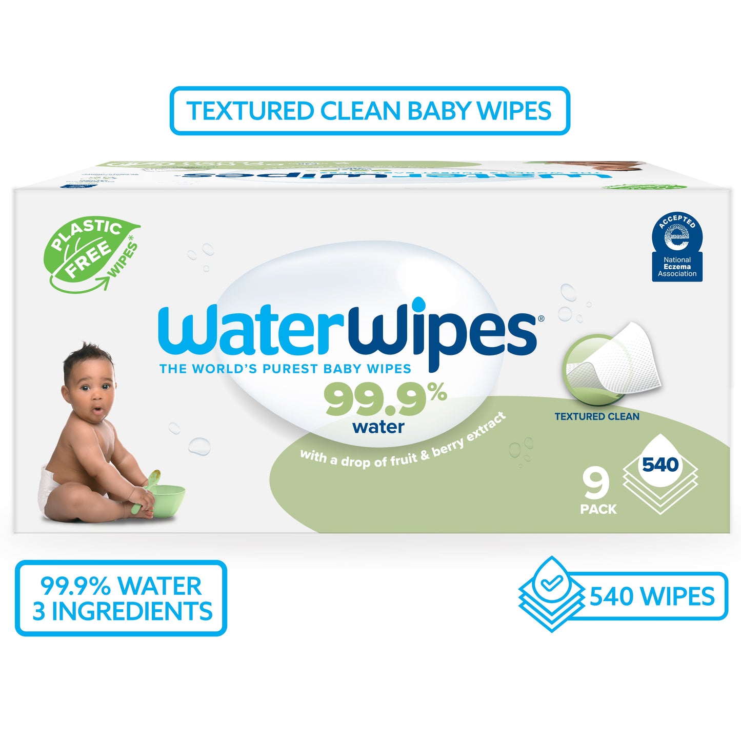 Waterwipes Textured Clean 99.9% Water Based Toddler & Baby Wipes, 9 Resealable Packs (540 Wipes)