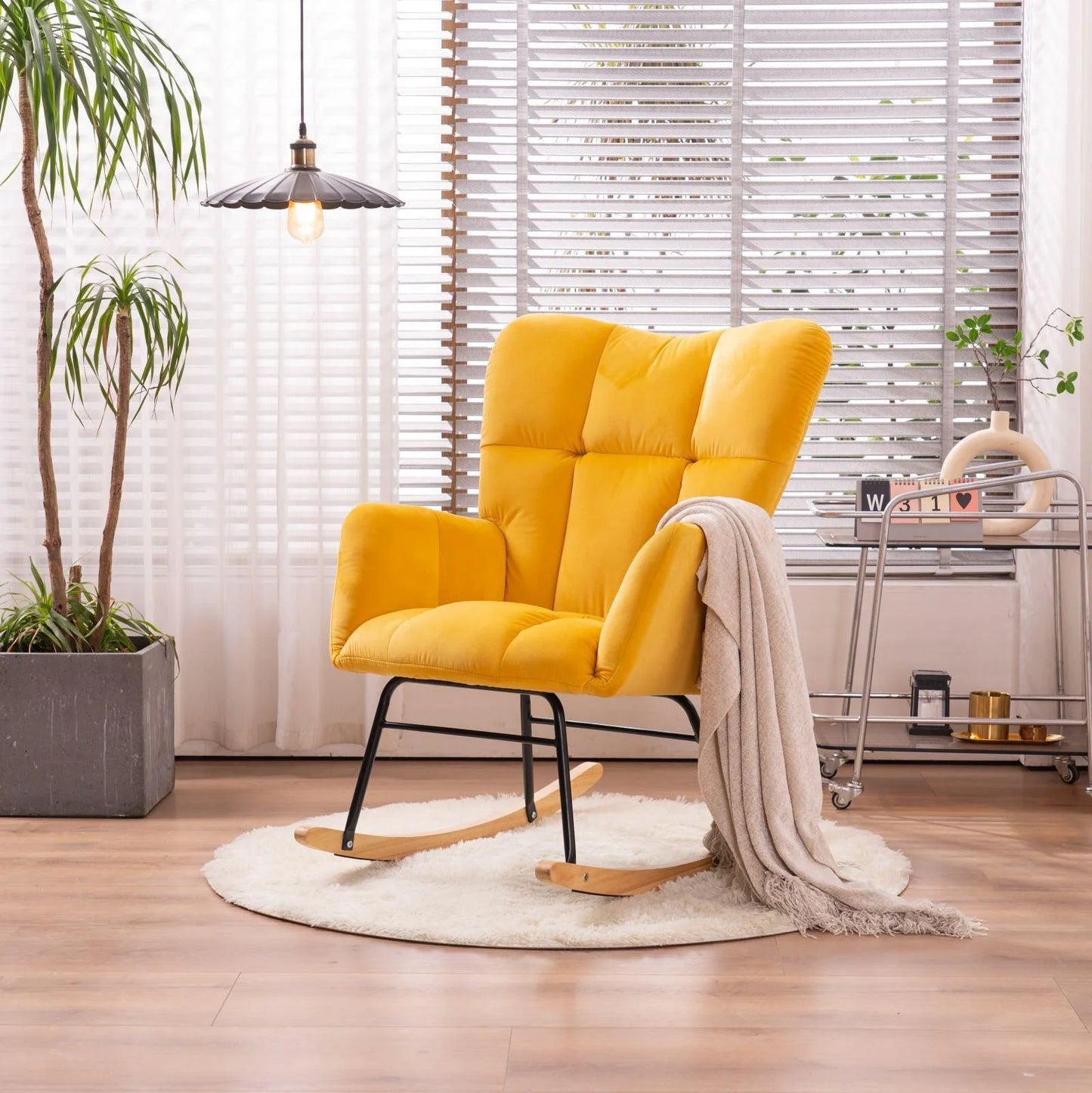 Rocking Chair Nursery Velvet Tufted Upholstered Rocking Chair, Mid-Century Modern Nursery Rocking Armchair, Glider Chair for Nursery, Living Room, Bedroom, Yellow