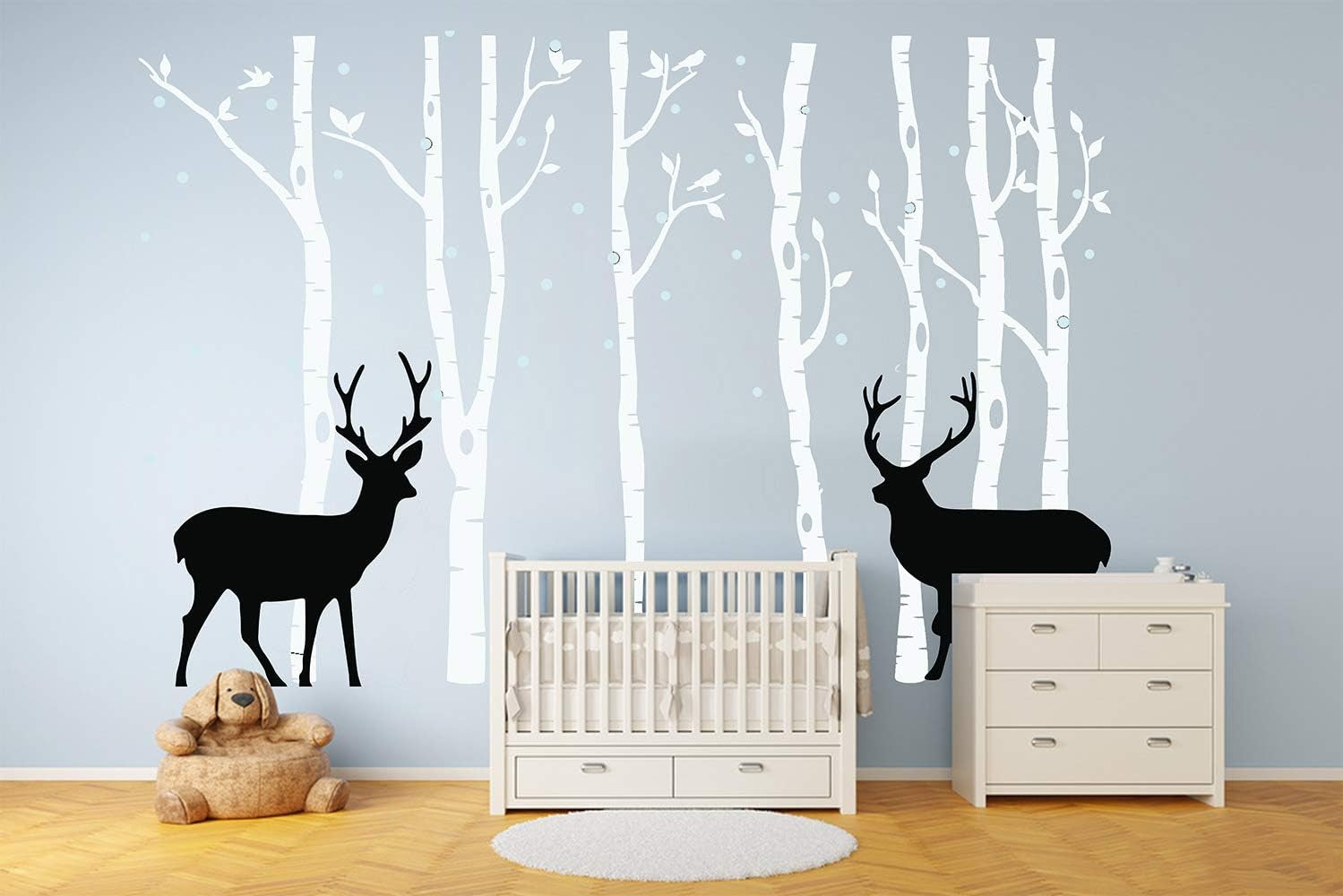 Birch Tree Deer Wall Decal Nursery Forest Removable Birch Trees Vinyl Sticker for Kids Bedroom Decor Nursery Bedroom (White)